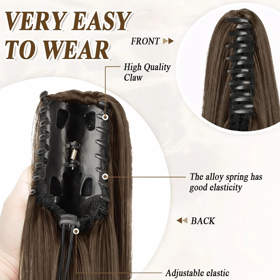 Coleta Pelo Liso Natural Con Pinza Flequillo Postizo 66cm Pelucas Mujer Ponytail Hair Extension Marrón Oscuro