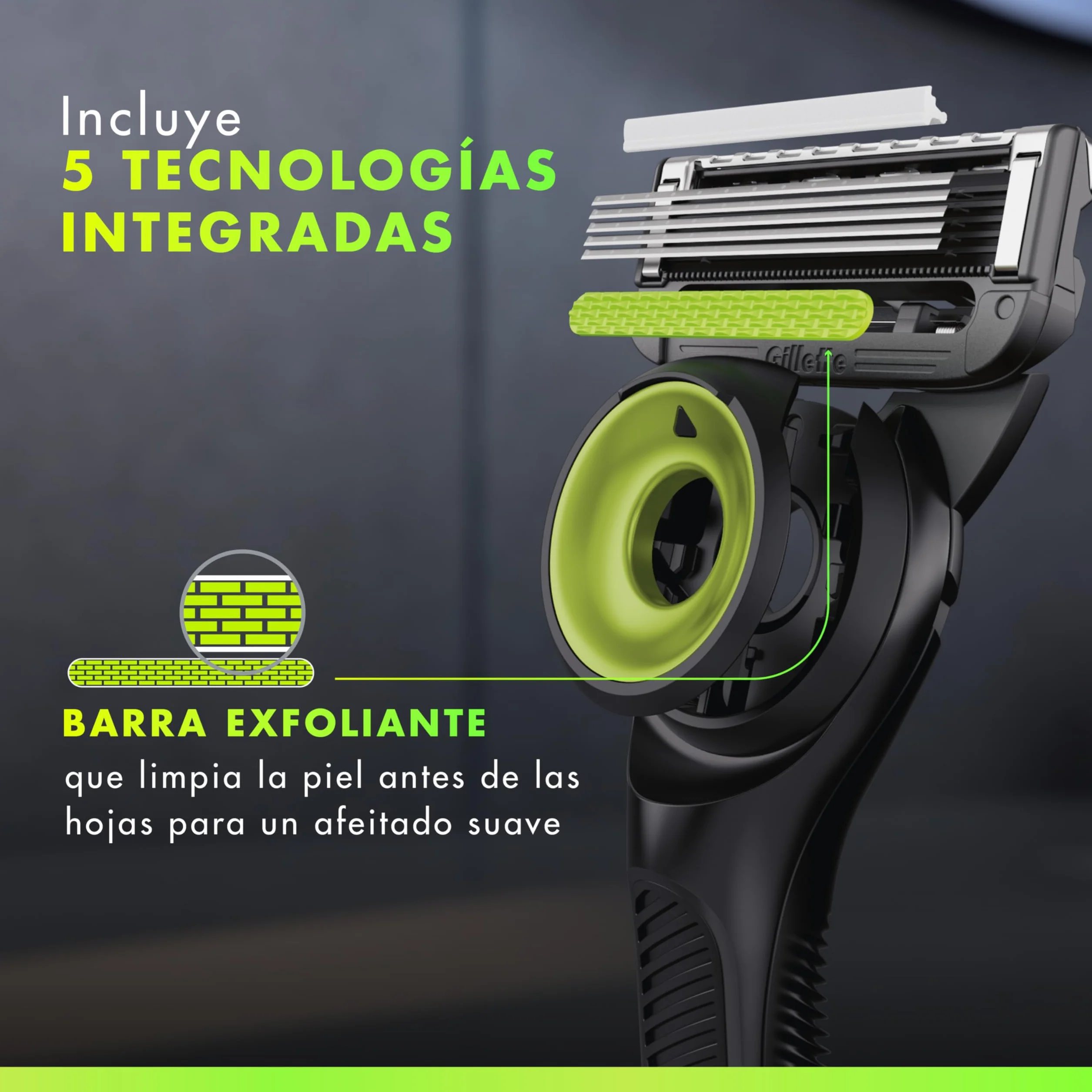 GilletteLabs Maquinilla de Afeitar Neon Night Edition, 1 Mango de Metal con Barra Exfoliante Integrada, 2 Cuchillas de Recambio con Banda Lubricante, 1 Estuche de Viaje, 1 Colgador de Pared