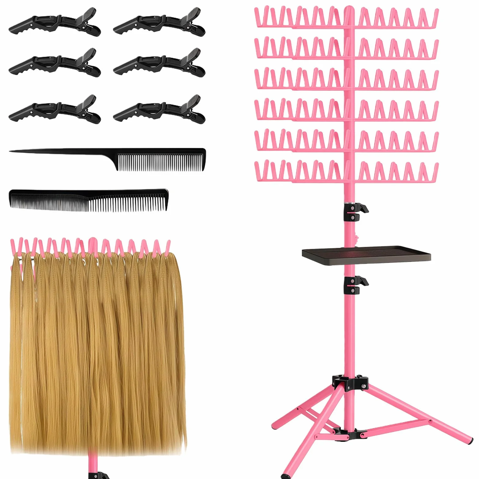 Soporte para extensiones de cabello ajustable y plegable de 144 clavijas con bandeja y pinzas
