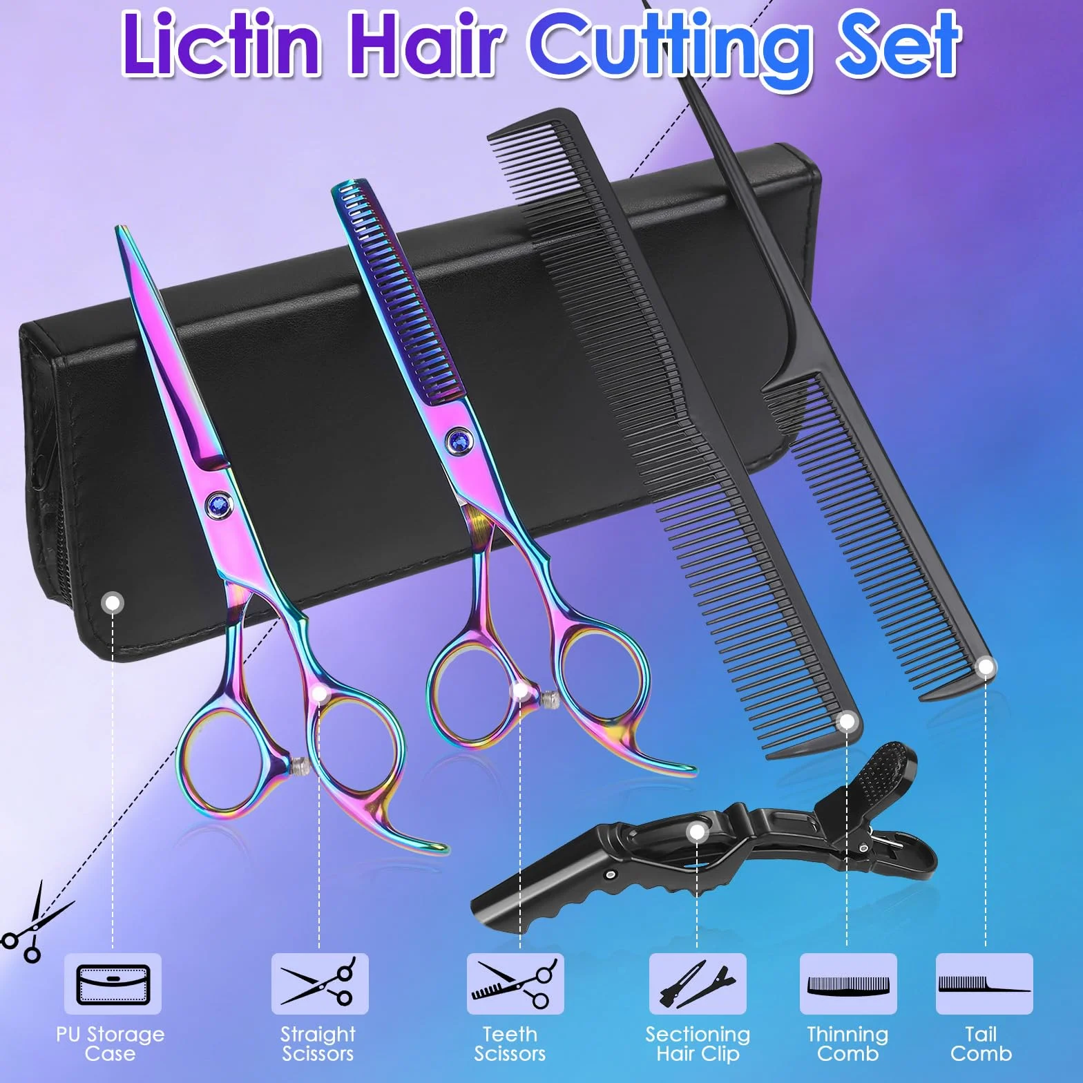 Lictin Tijeras de Peluquería Profesional Acero Inoxidable 6.7" Kit 4 en 1 con Peine y Caja
