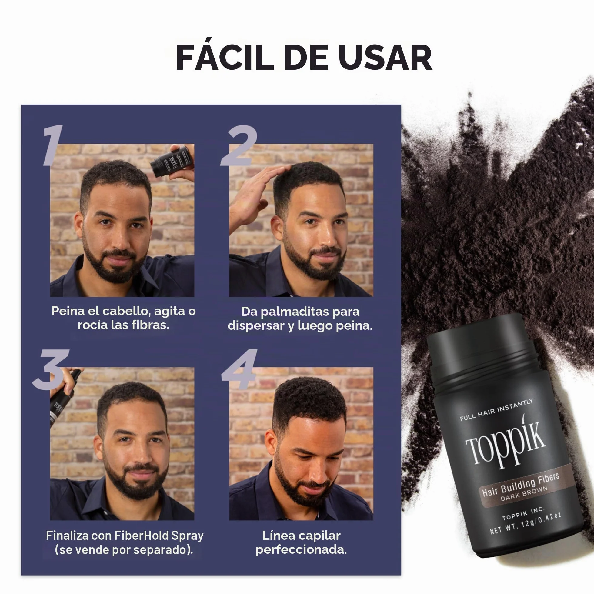 Toppik Fibras Capilares Castaño Oscuro, Fibras de Queratina para Densidad, 27,5 g