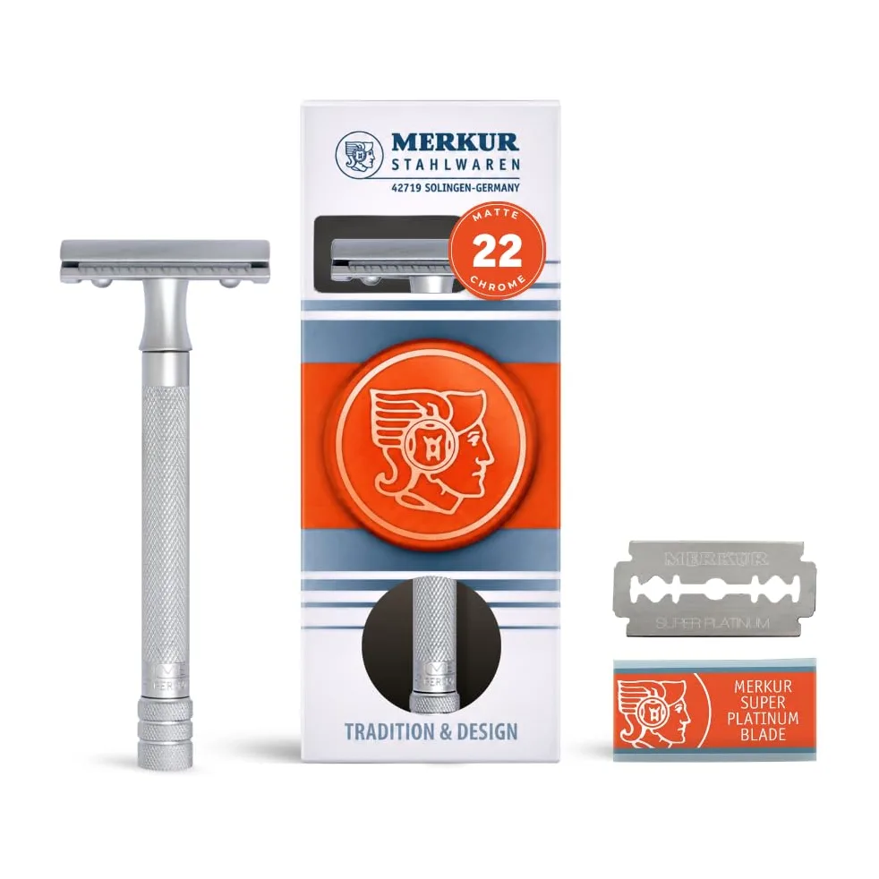 MERKUR Maquinilla de afeitar cromada mate satinado 22C, de tres piezas con corte recto, peine cerrado, ideal para afeitado en húmedo, zinc fundido a presión, mango de latón, fabricado en Alemania