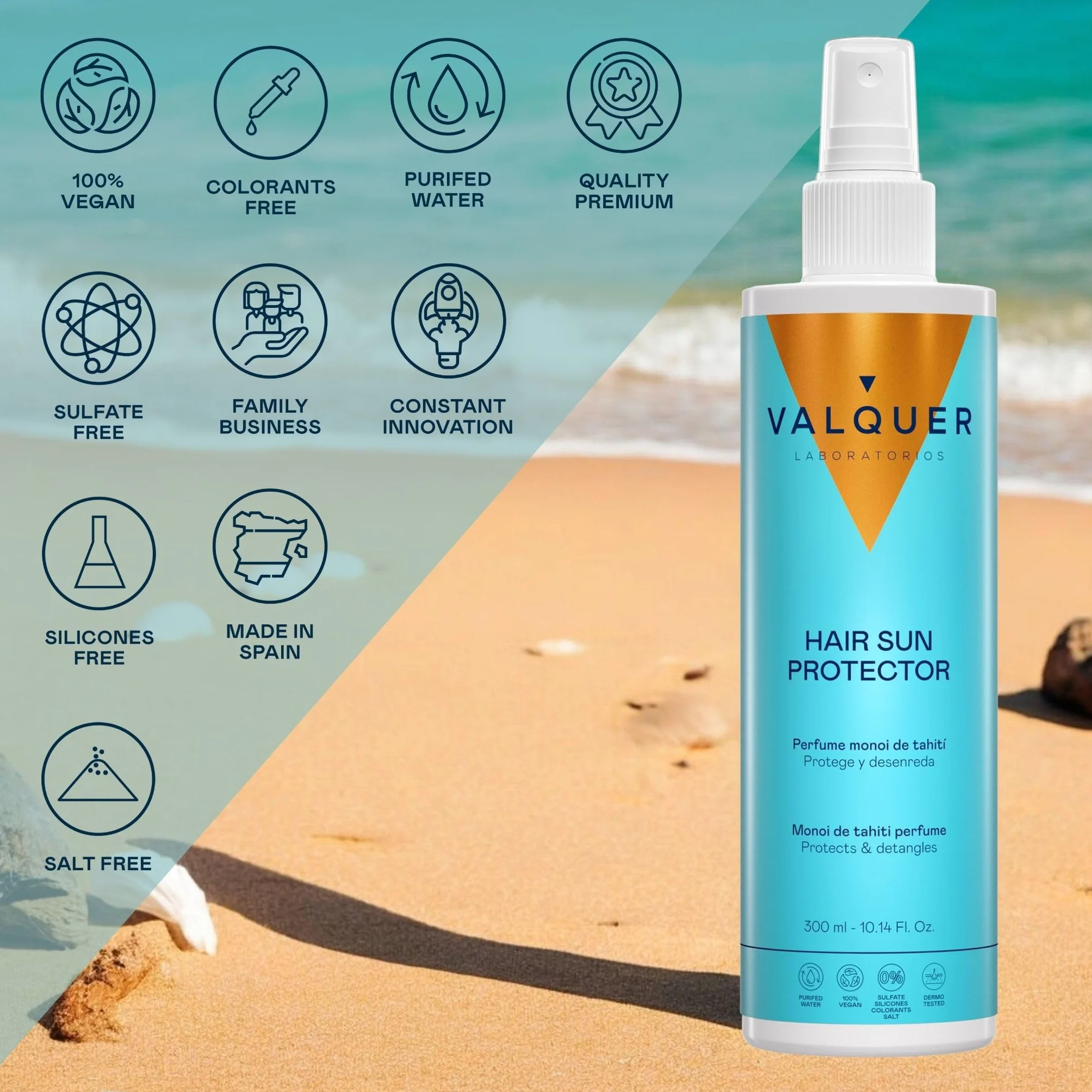 VALQUER Protector Solar Capilar en Spray Acondicionador Desenredante con Vitamina B5 y Fórmula Zero 300 ml