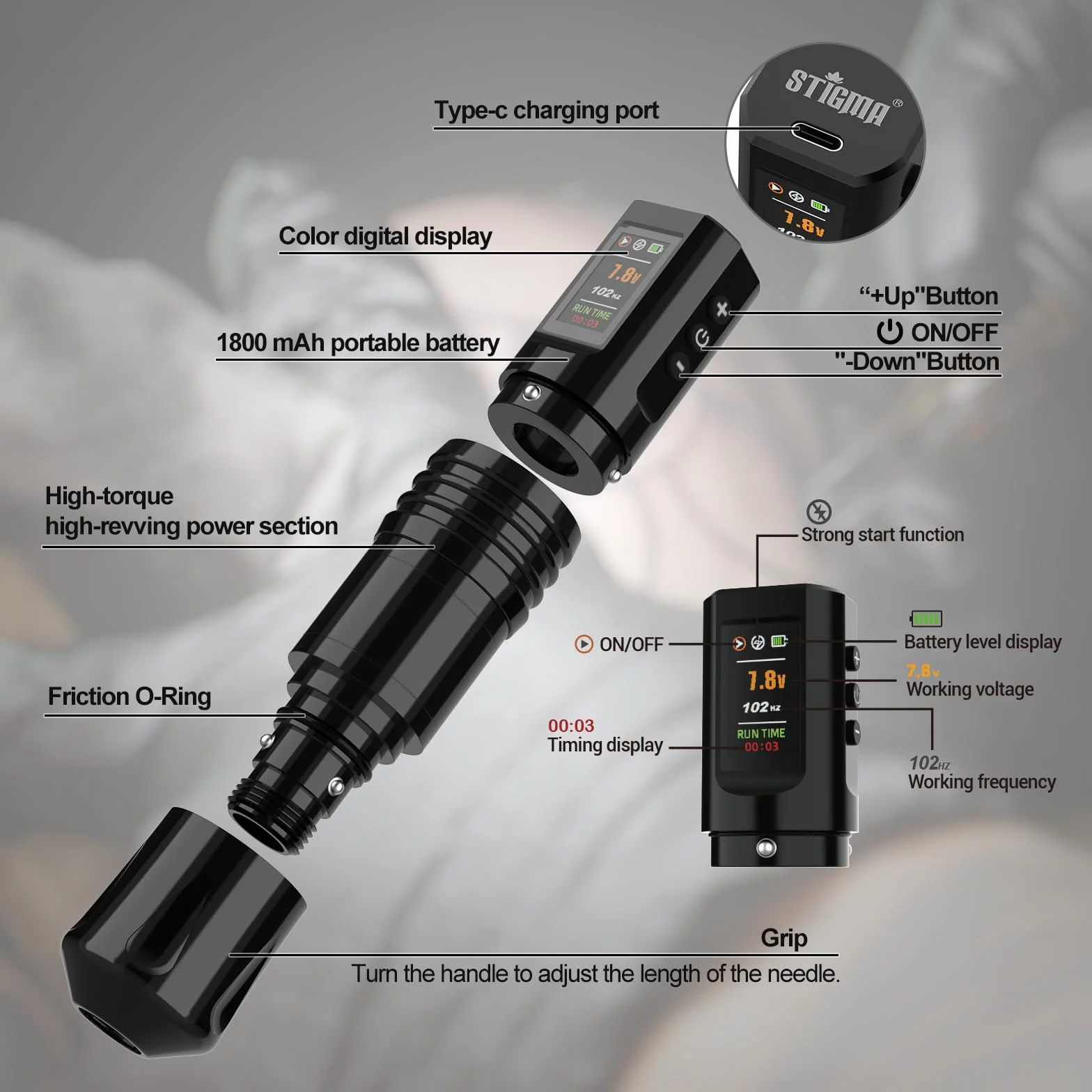 STIGMA Kit de Tatuaje Completo Maquina de Tatuar Inalambrica con 1800mAh,20pcs Agujas de Tatuaje y Tintas para Tatuar, Accesorios de Tatuajes Profesionales STEK57-1