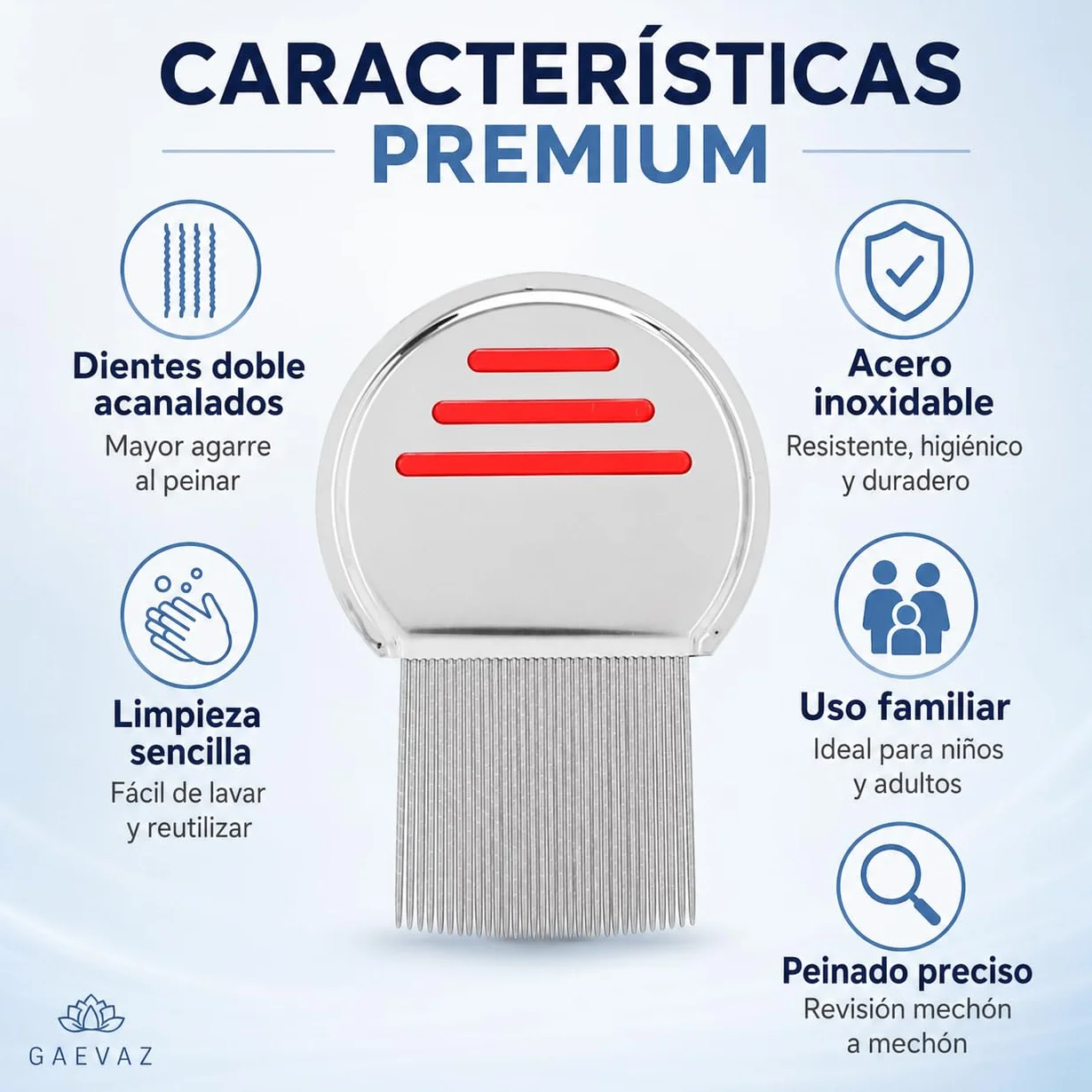 Peine para Piojos de Acero Inoxidable con Dientes Doble Acanalados – Seguro para Niños y Adultos