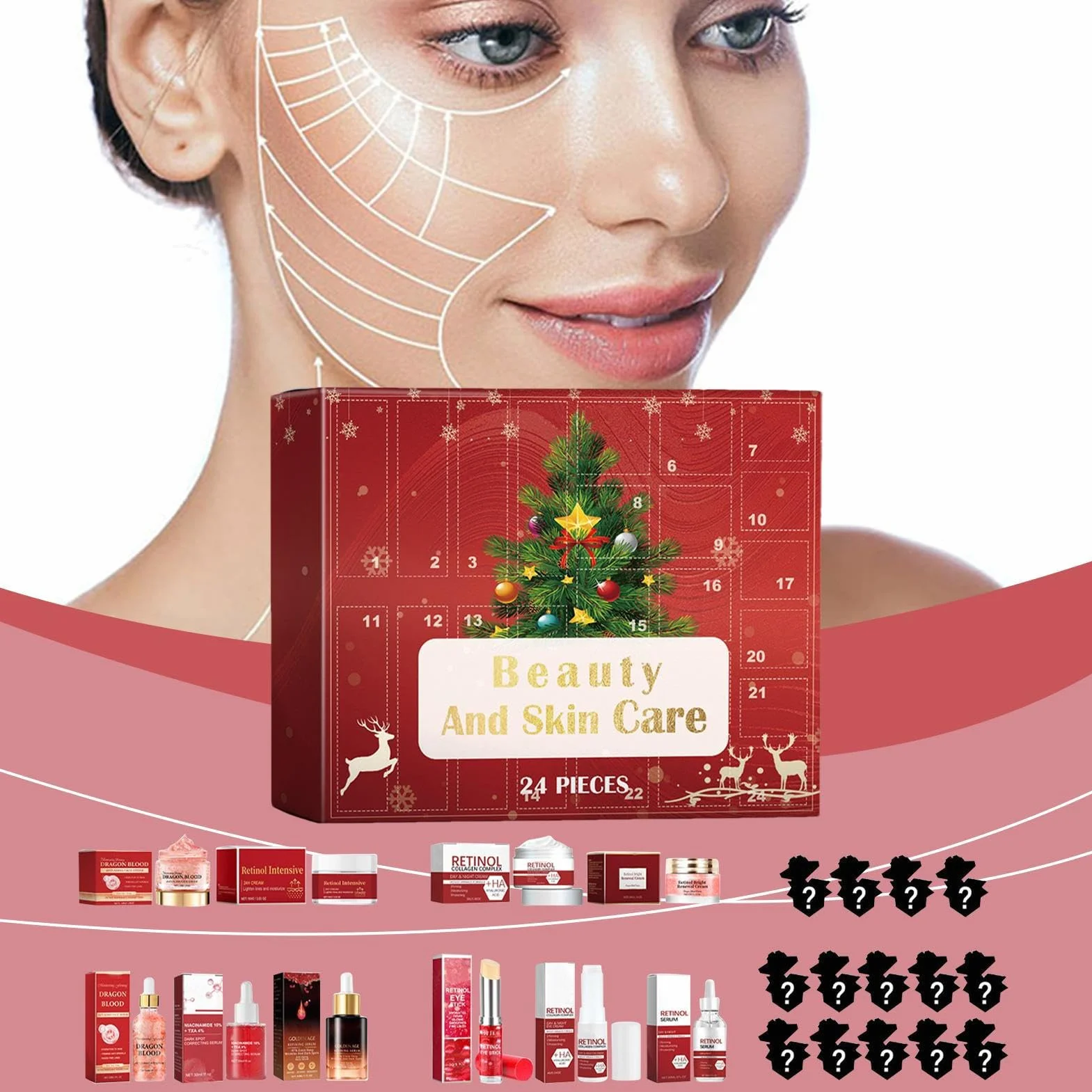 Calendario de Navidad de Adviento – Kit de crema facial para el cuidado de | la piel, juego de belleza navideña para baño diario y rutina corporal, regalo para mujeres y hombres, cumpleaños, Navidad