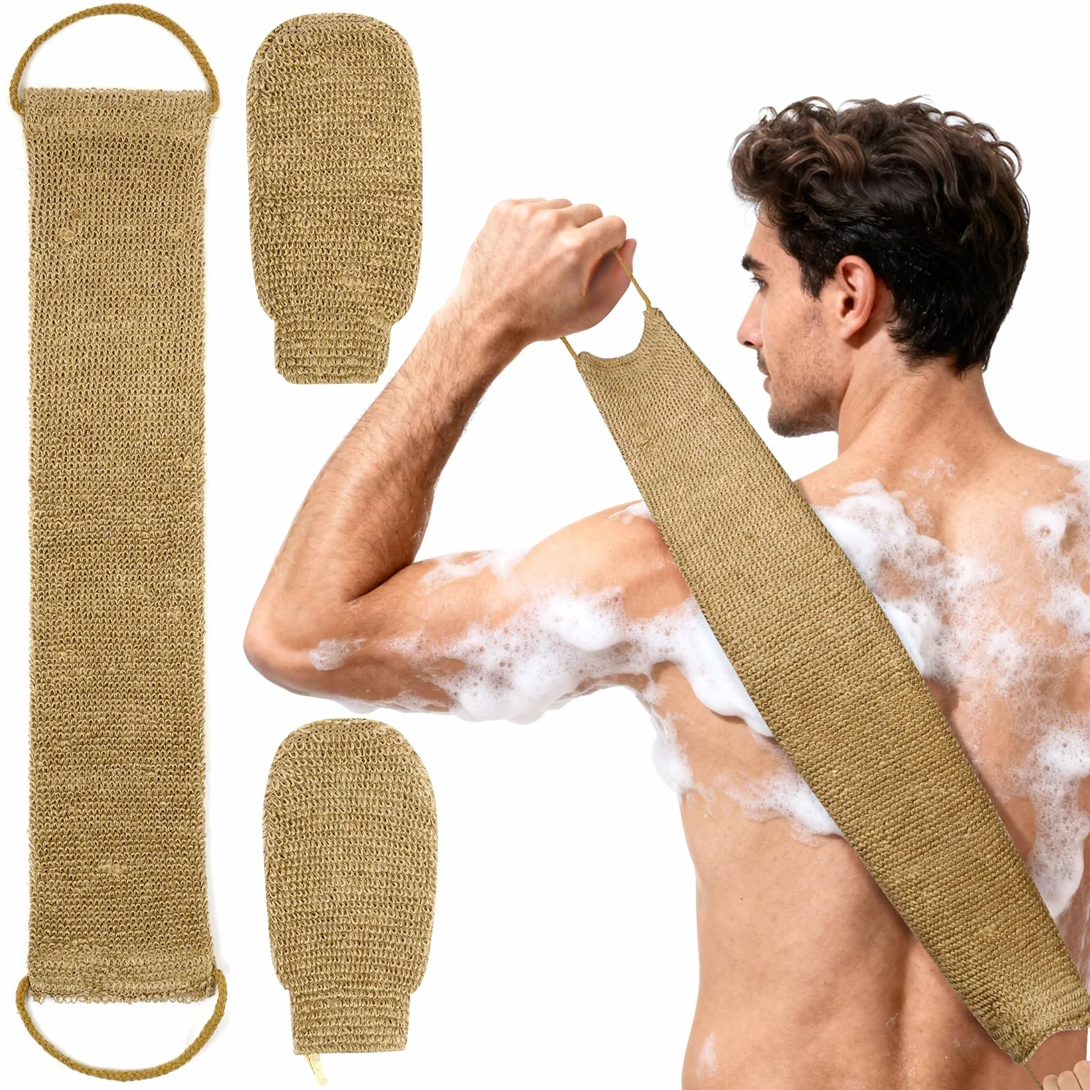 LOPHE Guantes Exfoliantes de Yute 2pcs Manopla Exfoliante 1pc Correa Espalda Ducha 3 en 1 Eliminar Piel Muerta