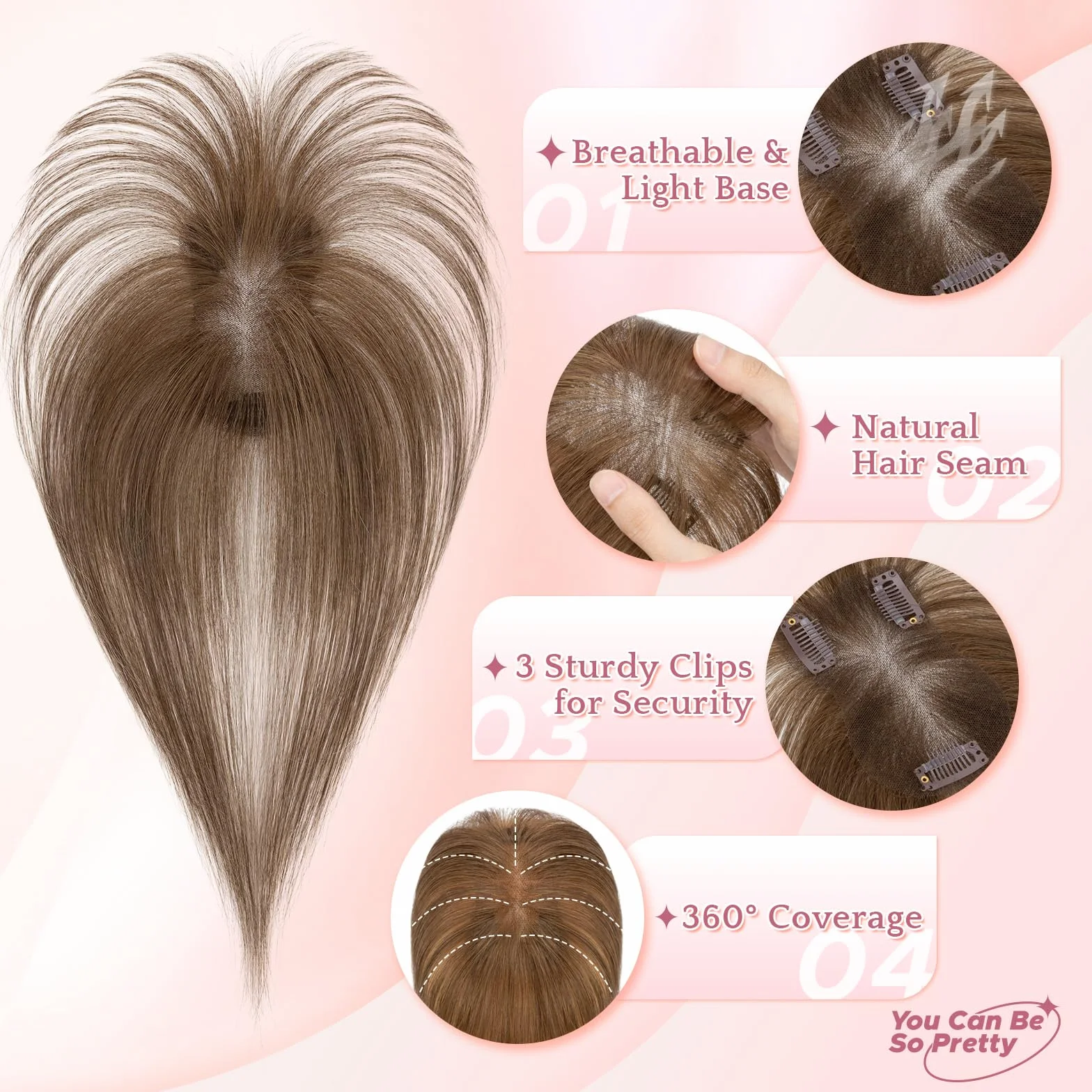 SEGOHAIR Tope de pelo humano para mujeres con flequillo Wispy, 7 x 11 cm, para cabello fino, con cobertura 3D de 360° y base cosida a mano, 14 g, color marrón medio
