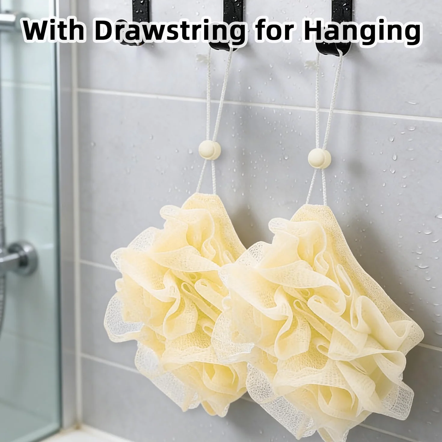 Esponja de baño 2-en-1 con bolsa para jabón, exfoliante corporal, cordón ajustable, lavable a máquina, amarillo