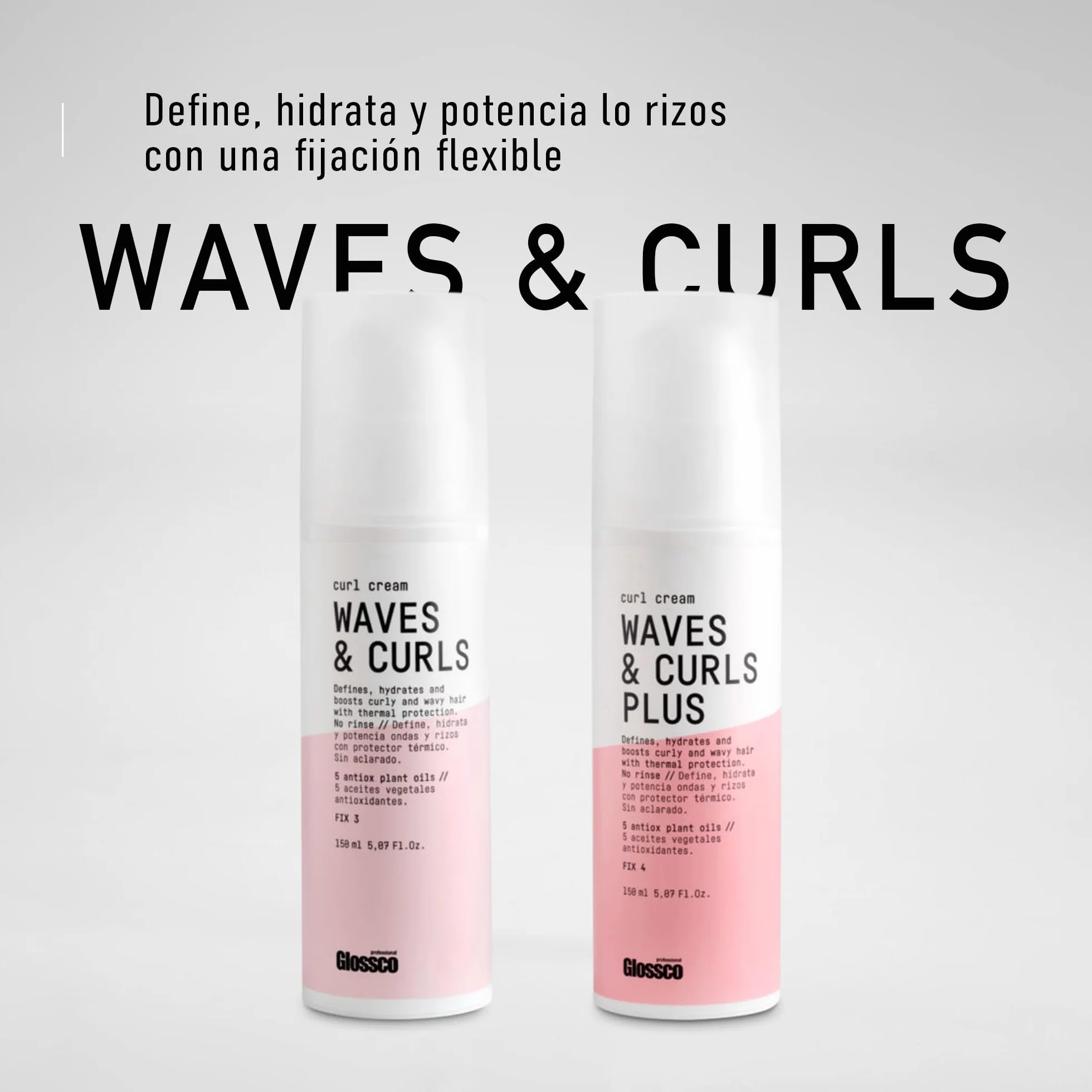 GLOSSCO PROFESSIONAL Crema Rizos y Ondas 200 ml Fijación Nivel 3 Define Hidrata Brillo Protección Térmica Solar Sin Aclarado