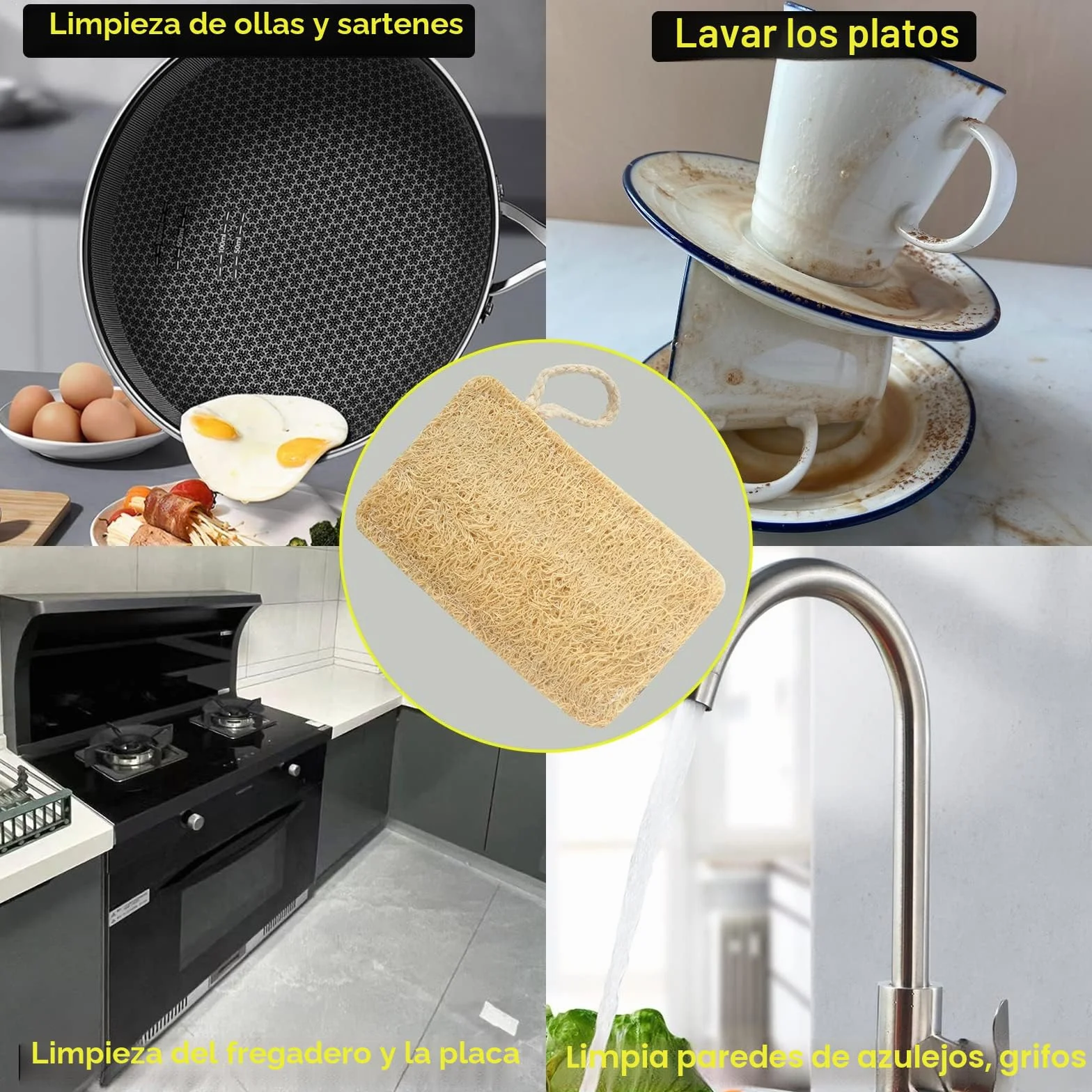 Esponjas Orgánicas para Lavar Platos, Ecológicas, Fibra Vegetal de Lufa Natural - Paquete de 6