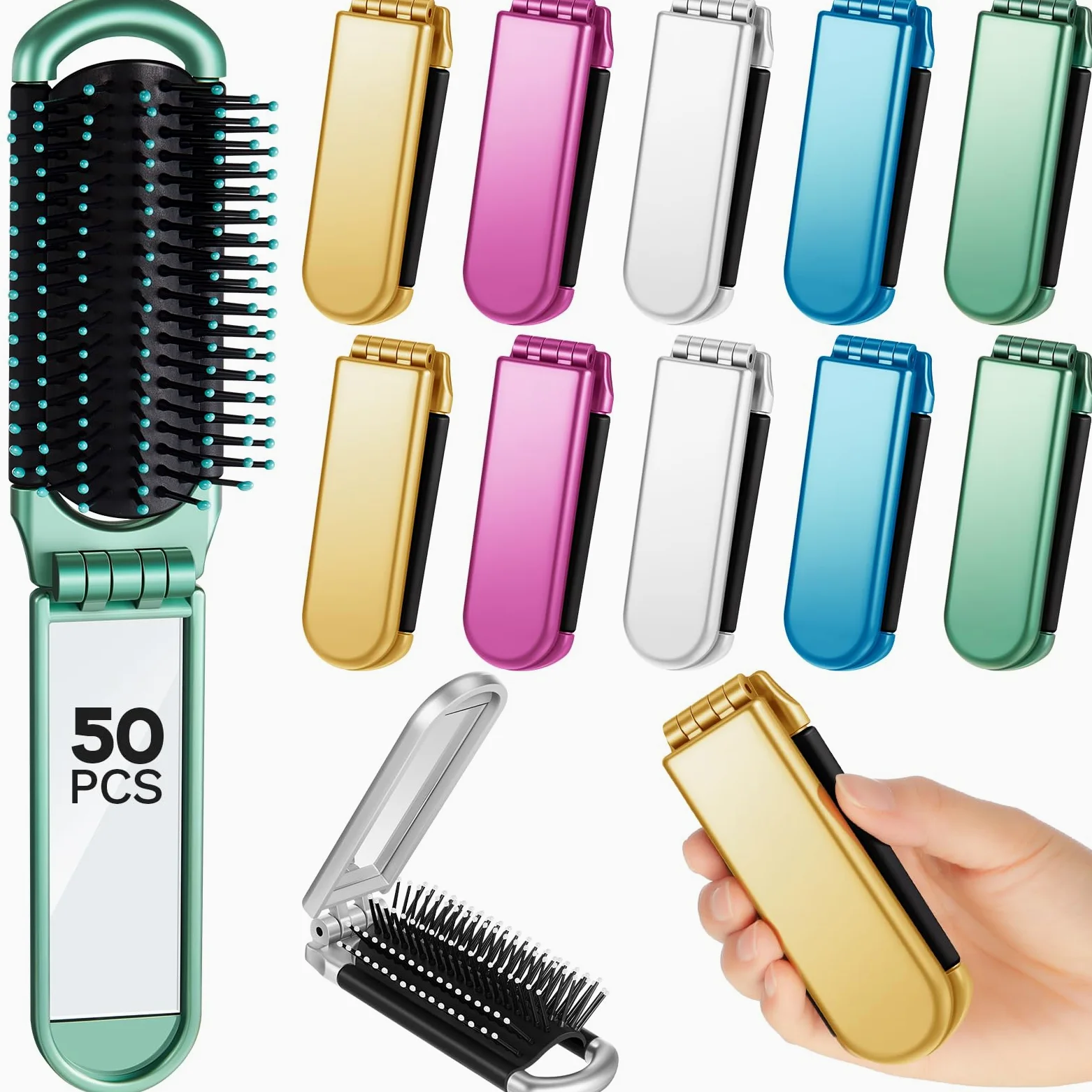 Uiifan 50 cepillos de viaje compactos portátiles plegables con espejo tamaño de bolsillo mini cepillo de pelo para hombres y mujeres, herramientas de peinado para el cabello, bolso, coche, gimnasio,