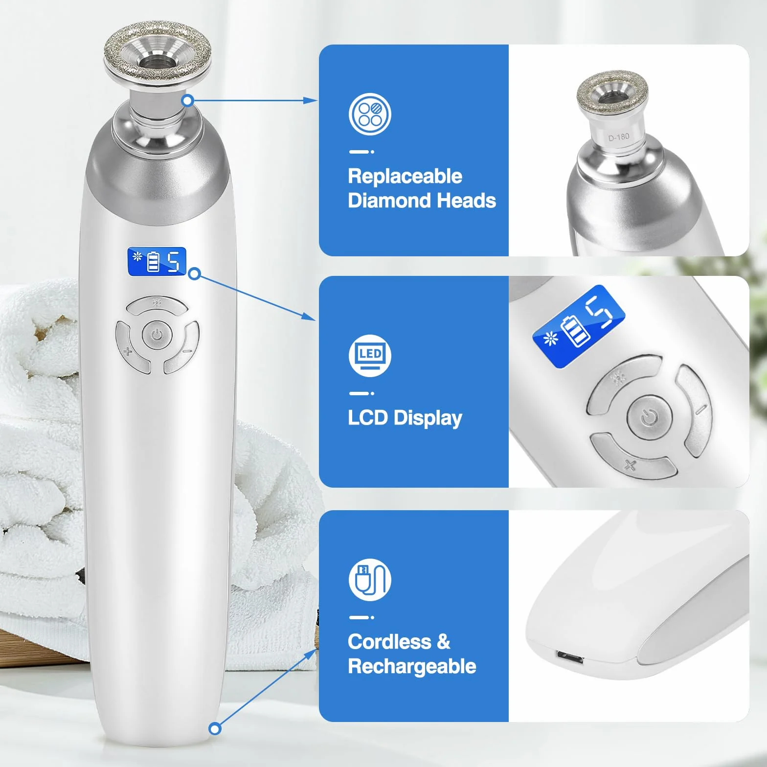 Maquina de Microdermoabrasión Profesional 2 en 1, Portátil con 9 Puntas de Diamante, Recargable USB Sin Cable