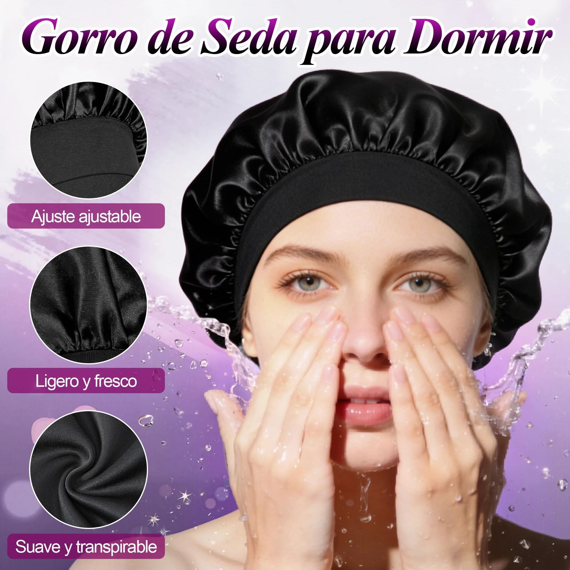 Gorro de Seda para Dormir 2 Piezas Gorros de Satén para el Cabello Antifrizz Negro Plateado