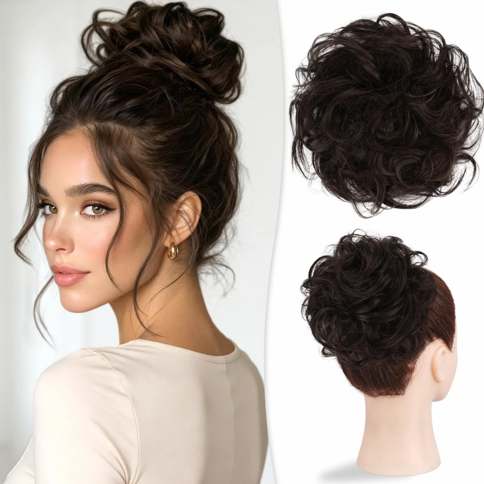 Moño Postizo Cabello Humano Rizado Ondulado para Mujer 32g Castaño Oscuro con Rubio Cacao Oscuro