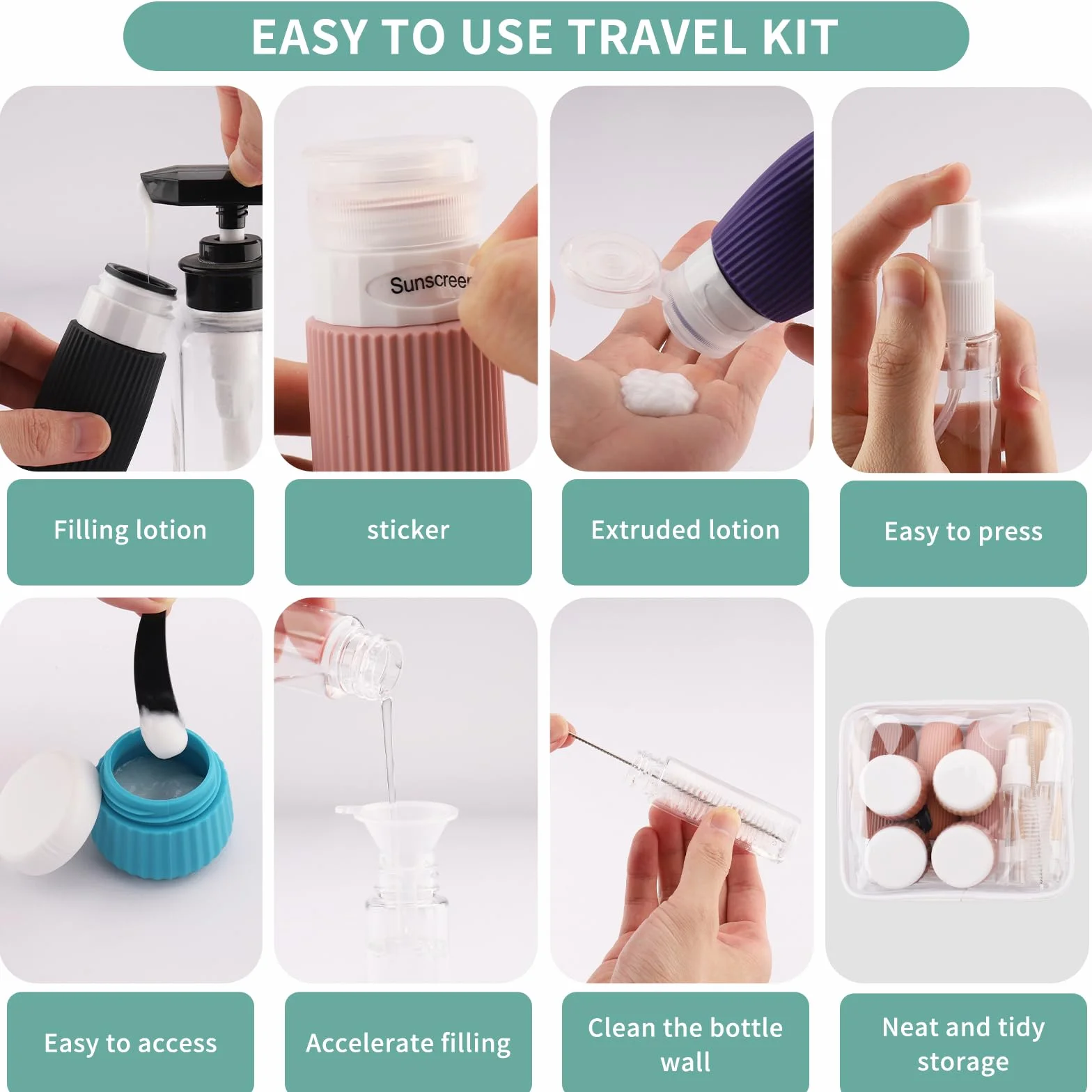 Kit Viaje Higiene Reutilizables 18 Piezas Botes Rellenables con Etiqueta para Cosméticos