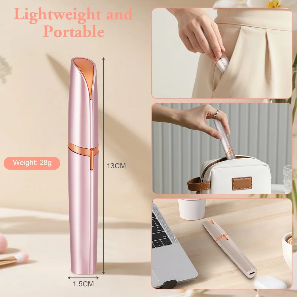 Depiladora Facial Mujer, Depiladora Cejas Mujer Eléctrica, Sin dolor Eléctrica Removedor de Vello Facial, Portátil, USB Recargable y Luz LED, para Cara Nariz Labio (Oro rosa)