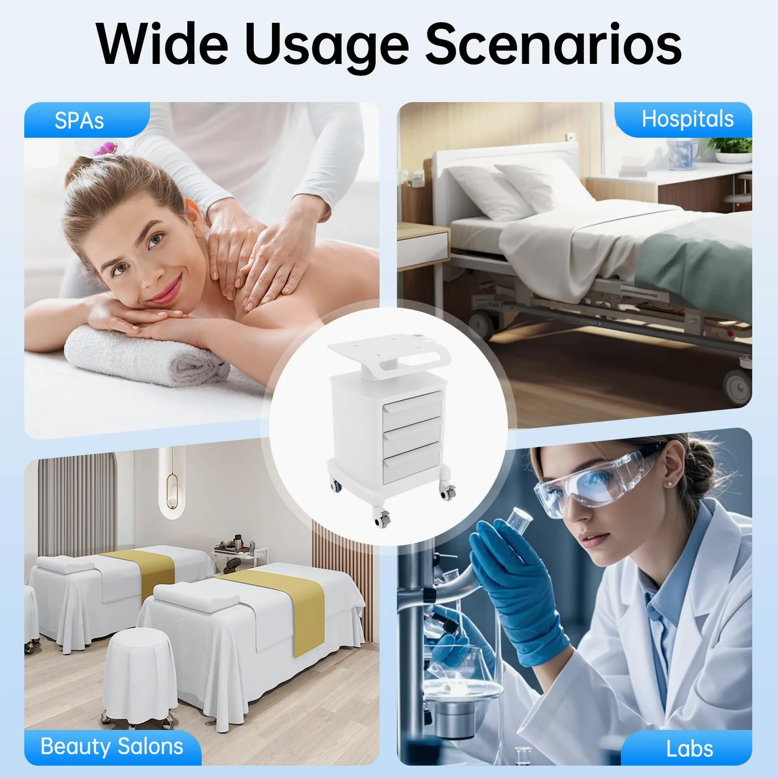 Carro de cosméticos con ruedas, carrito médico con 3 cajones y estante, carro auxiliar de ABS, capacidad de carga de 30 kg, para peluquería/salón/clínica, carrito de laboratorio, 4 ruedas con frenos