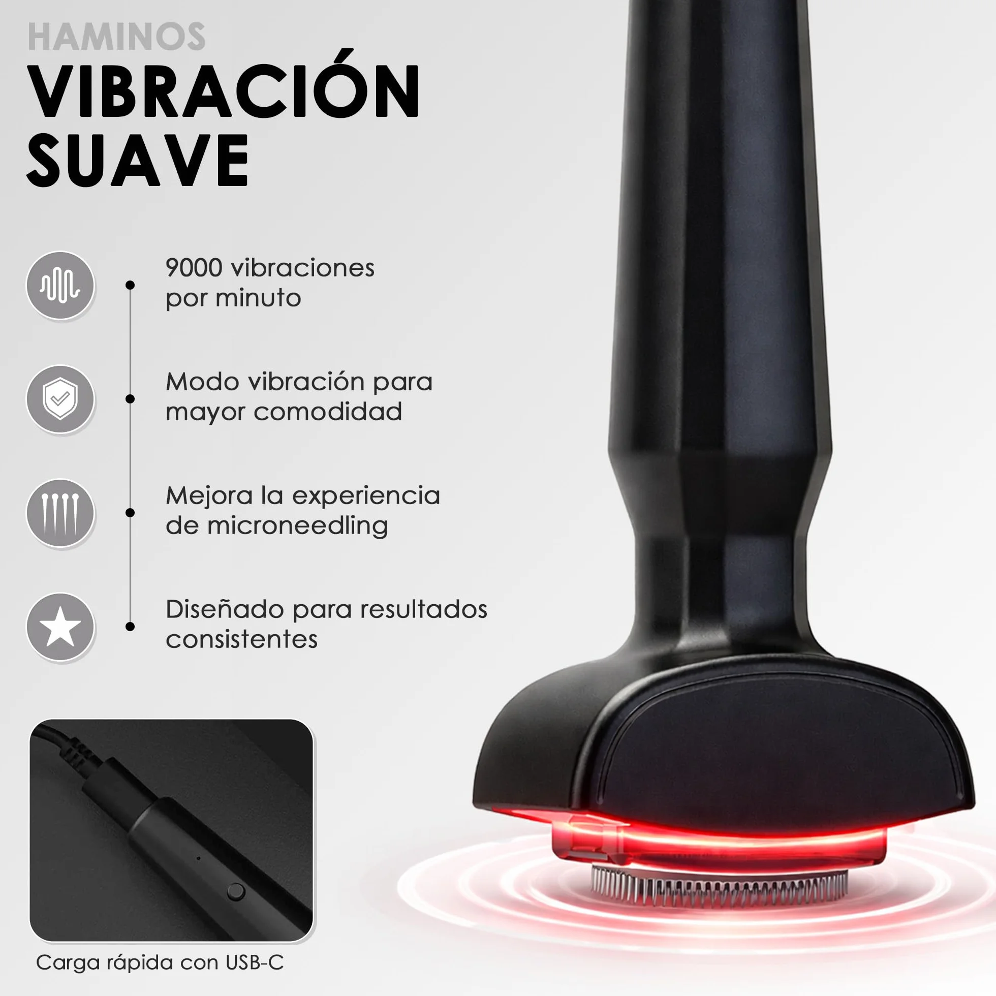 HAMINOS Derma Stamp 0,25 mm Microneedling 4 en 1 para Cuero Cabelludo, Luz Roja, Microcorriente, Vibración, Recargable USB-C