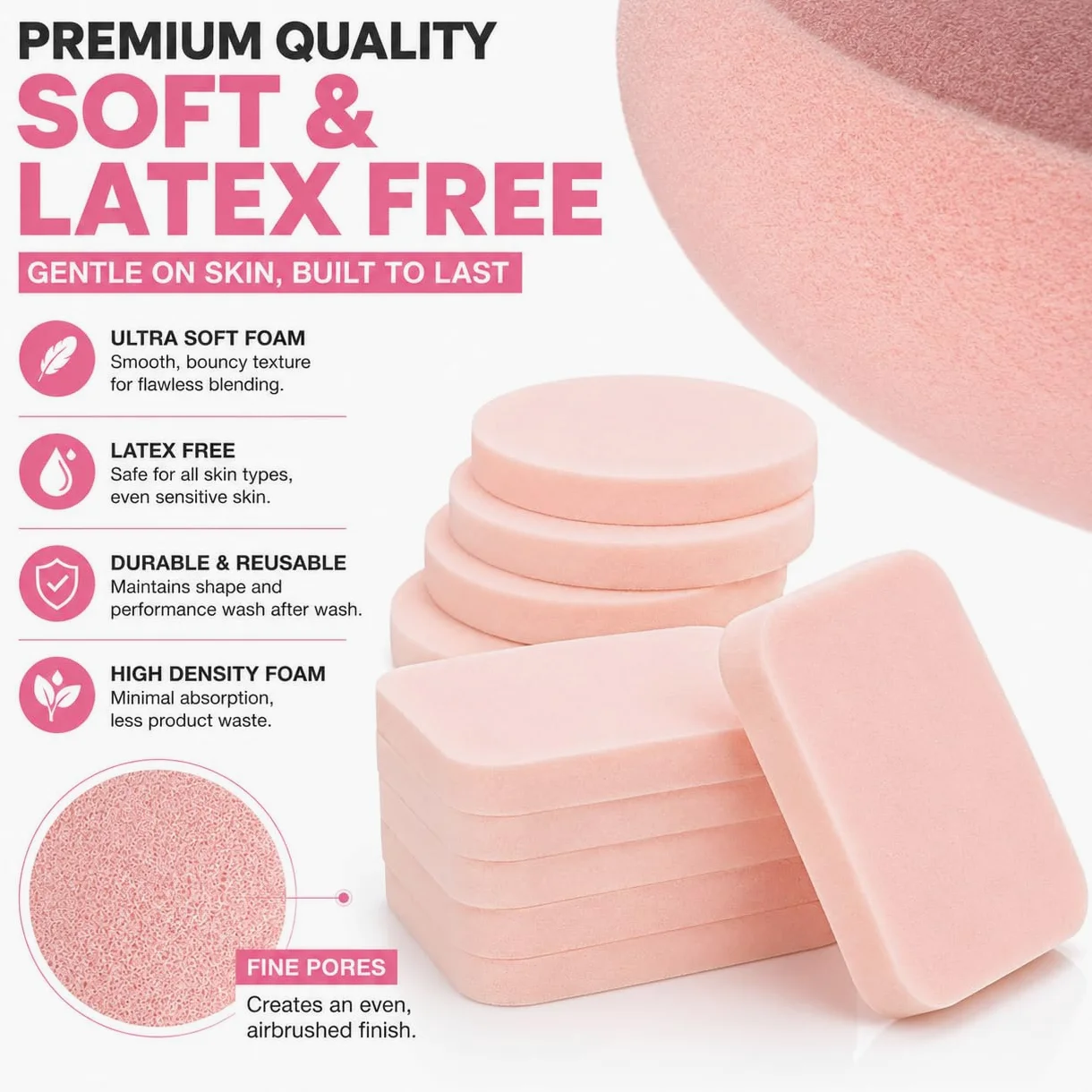 Blender Esponjas de maquillaje para belleza – Mezcla sin látex para cobertura completa en polvo, crema, cosméticos líquidos, de larga duración, desechables aplicadores de espuma – Paquete de 12