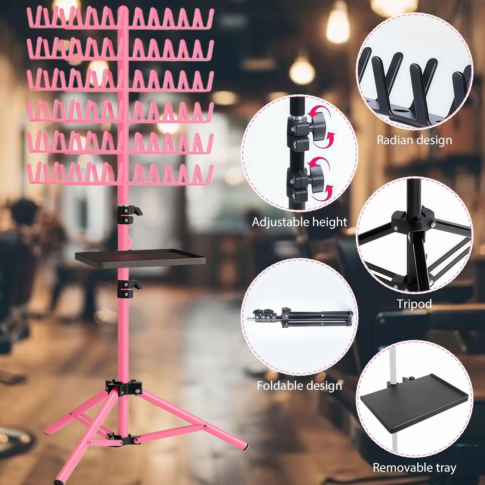Soporte para extensiones de cabello ajustable y plegable de 144 clavijas con bandeja y pinzas