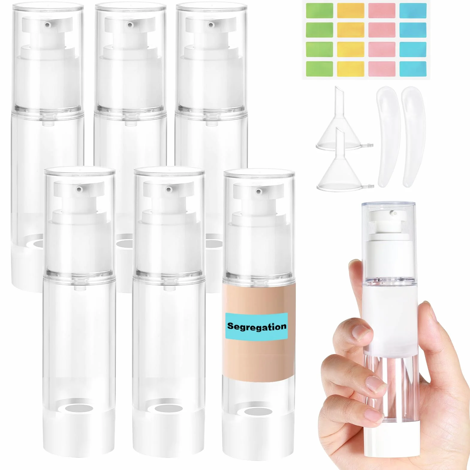 Botellas de Loción al Vacío 50ml, 6 Piezas, Bote Airless con Bomba, Reutilizable, con Espátula, Embudo, Pegatinas