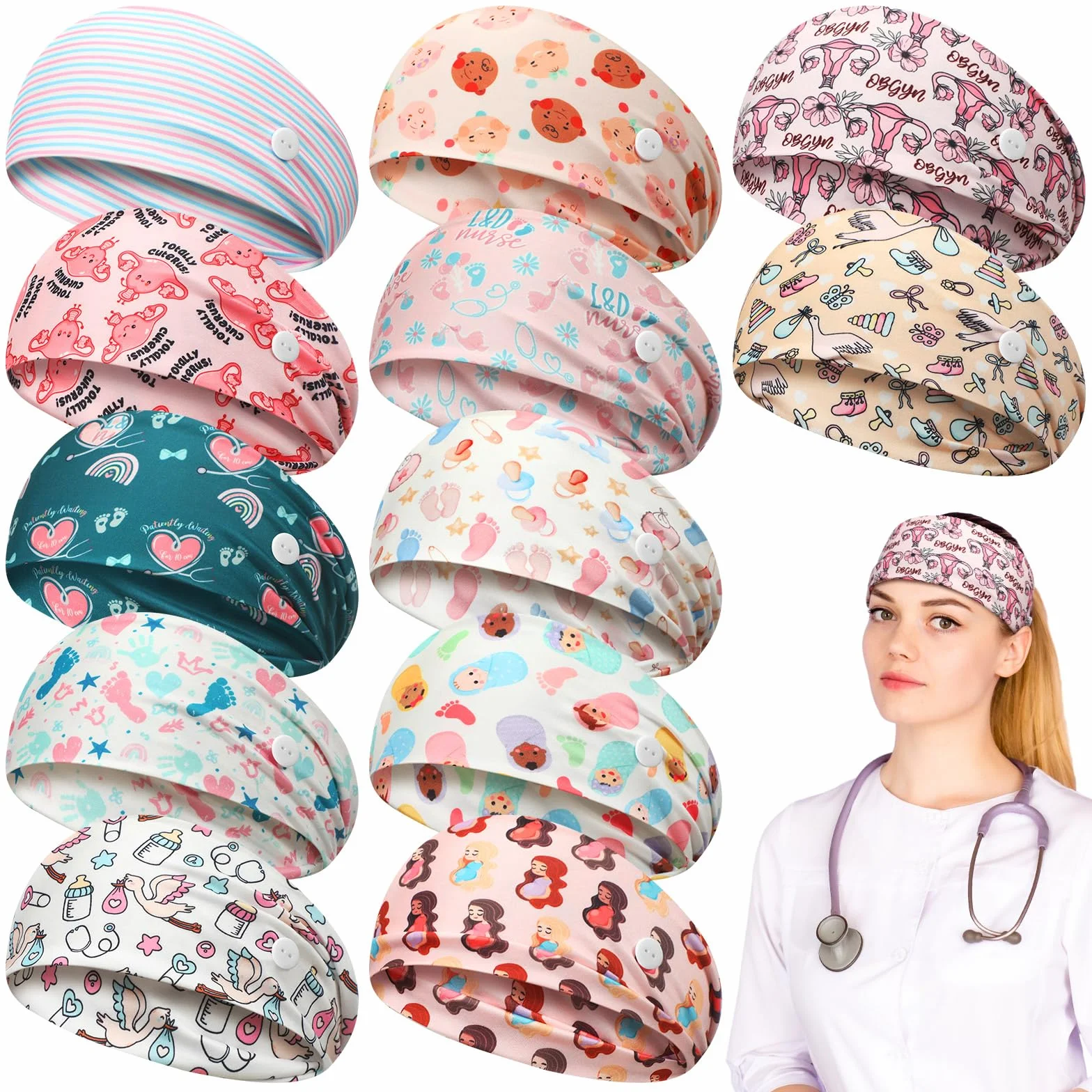 12 diademas antideslizantes para enfermeras de parto y parto con botones para máscara, accesorios de trabajo, protección de oídos, bandas para el cabello, regalo para enfermeras y médicos