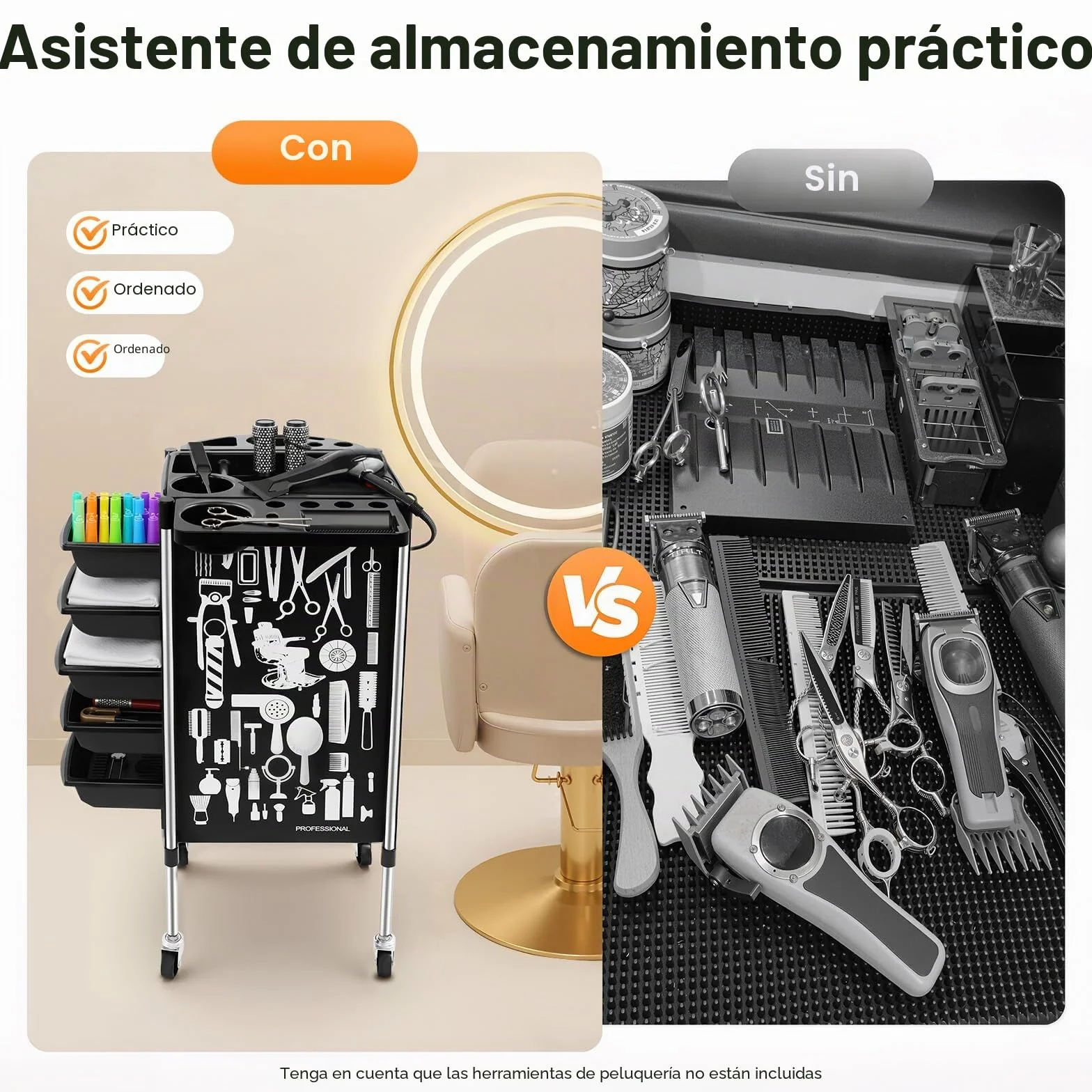 Carrito de salón 5 cajones con ruedas para estilista peluquería spa 20 kg negro