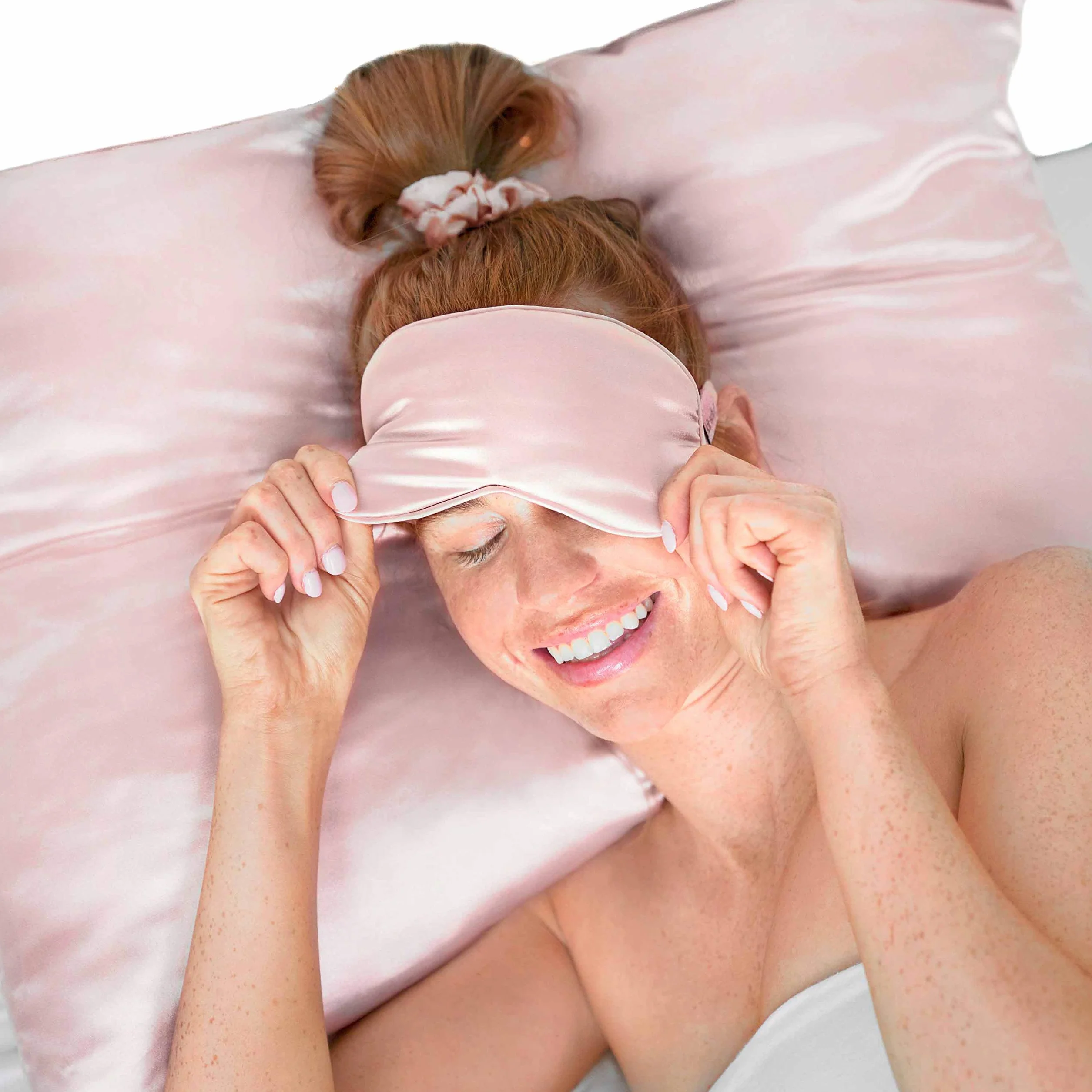 Kitsch Juego de Dormir de satén | Juego de Funda de Almohada y máscara de Ojos más Suave Que la Seda, Incluye 1 Funda de Almohada de satén, 1 Antifaz de satén y 1 coletero de satén, (Rubor)