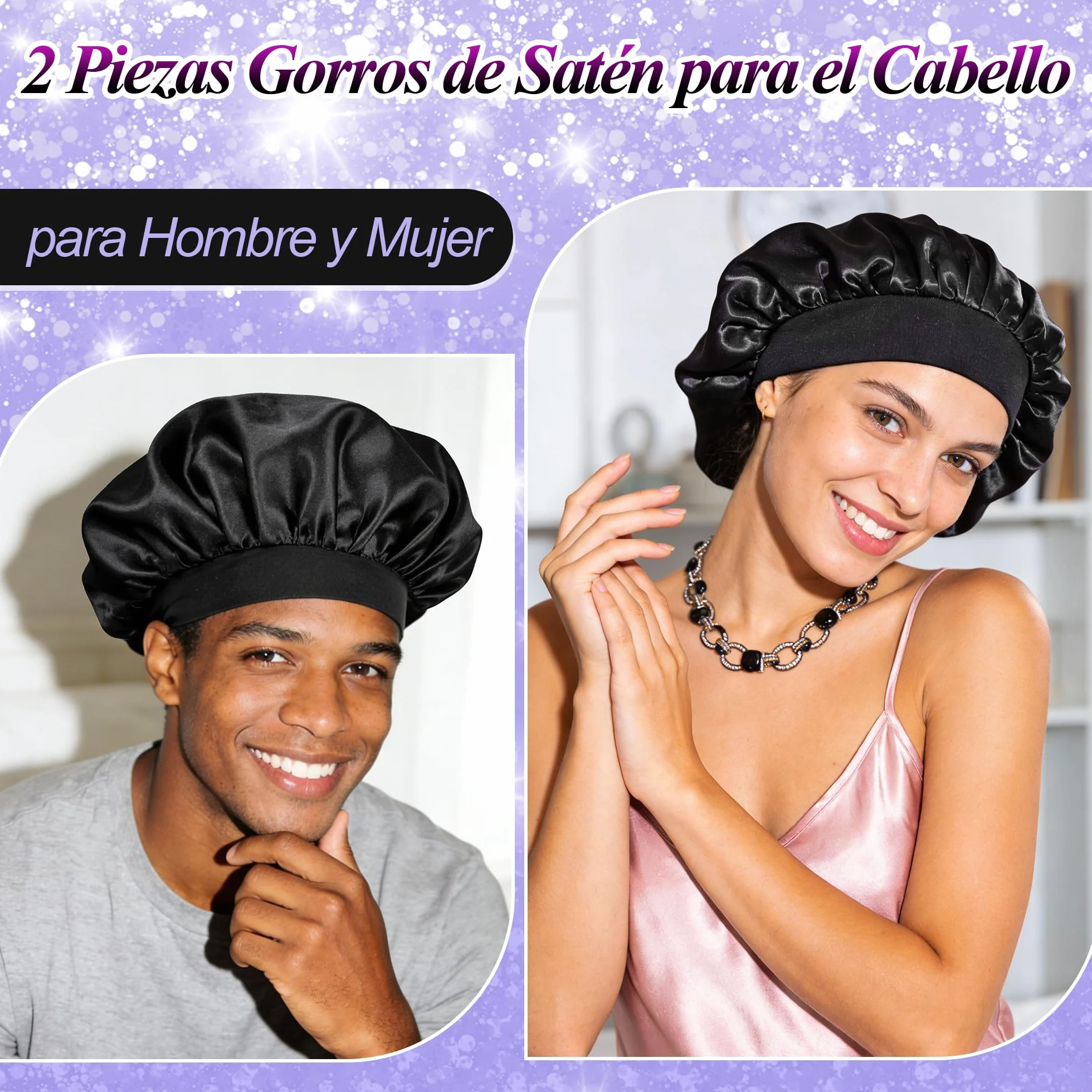 Gorro de Seda para Dormir 2 Piezas Gorros de Satén para el Cabello Antifrizz Negro Plateado