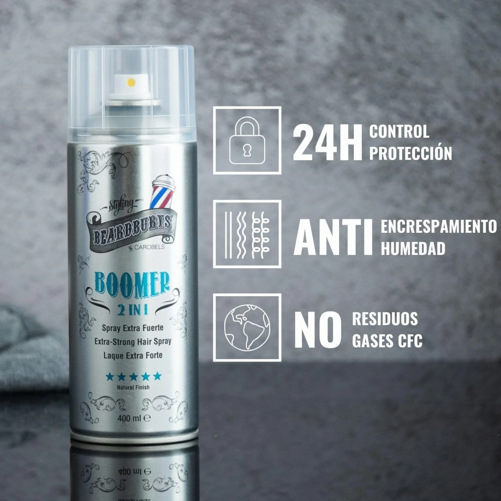 Beardburys HairSpray 2 en 1 Boomer Laca Profesional para el Pelo Hombre, Mate con Fijación Extra Fuerte, 400ml