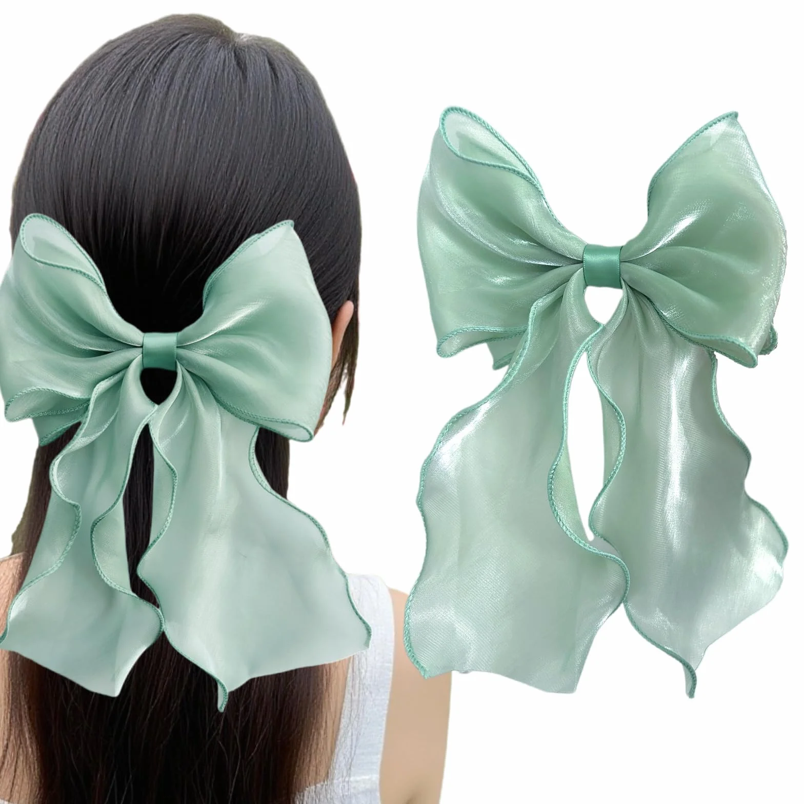 Pinza de pelo sedosa con gran lazo para mujer, clip francés para cabello (Verde-1)