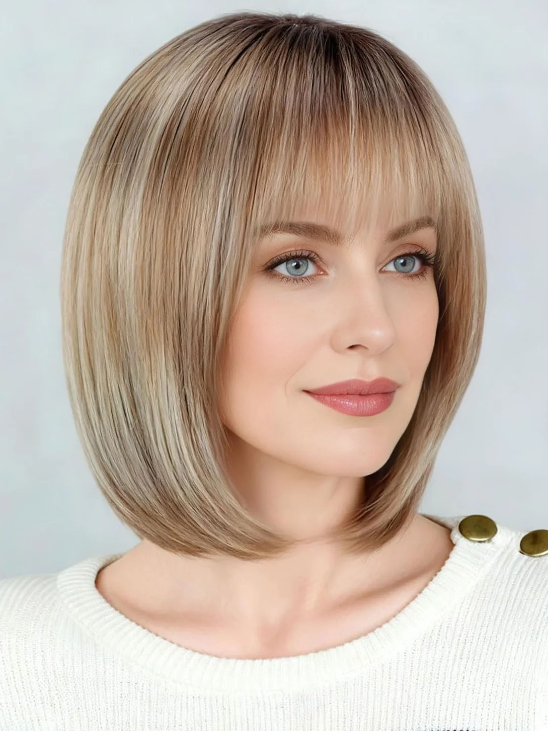 Peluca Bob Capas Sin Pegamento con Flequillo Pelo Natural para Mujer Cubre Canas