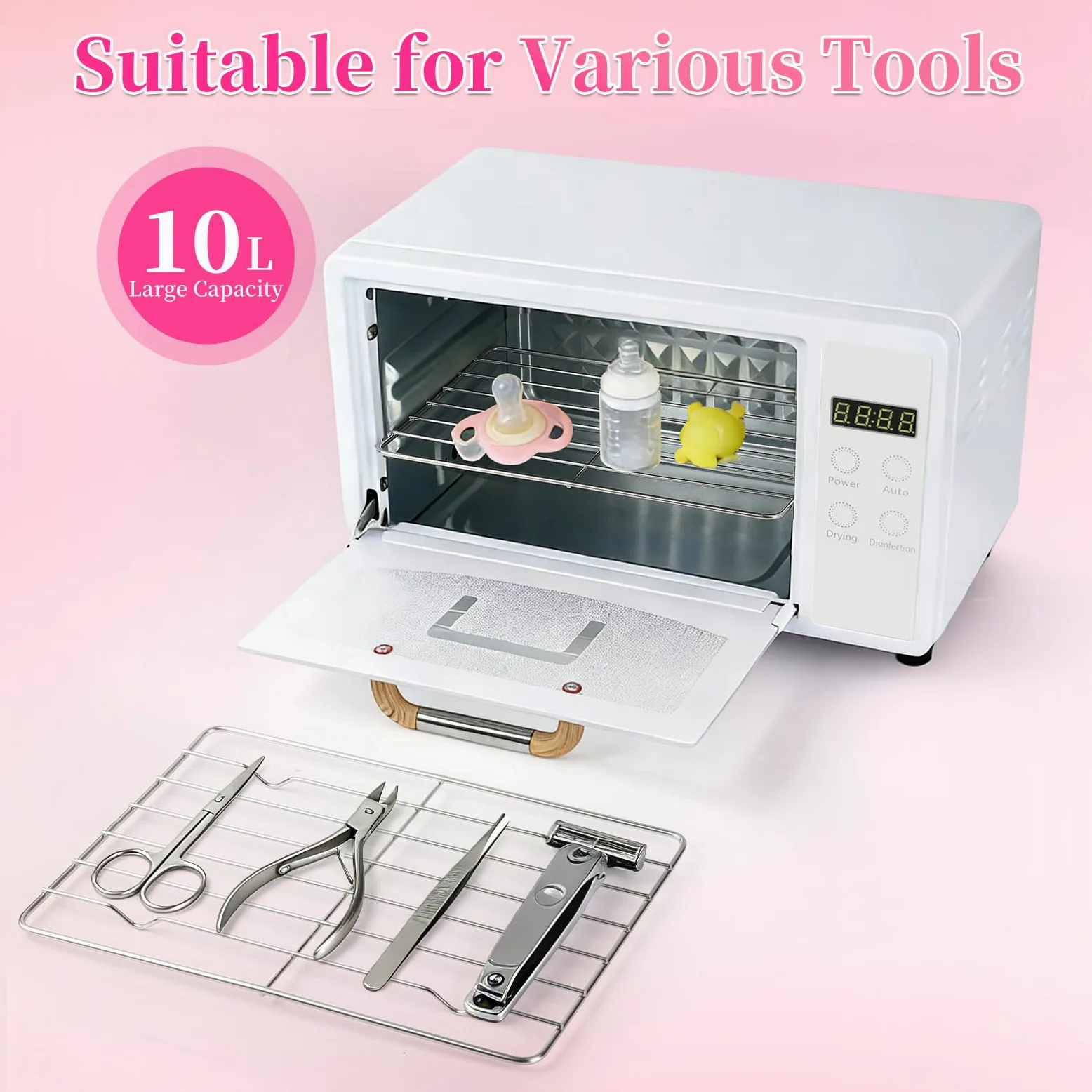 Esterilizador de herramientas de uñas, esterilizador grande de doble capa de 10 L para herramientas de uñas, gabinete limpiador de herramientas de manicura multifuncional con ajuste de
