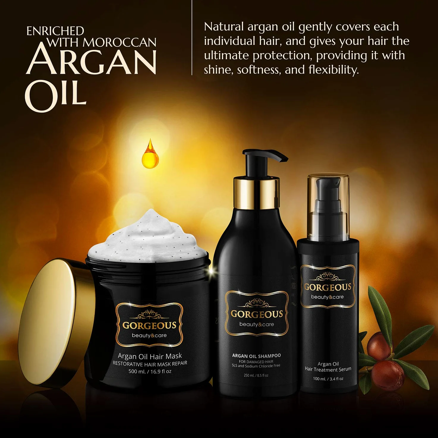 Set de 3 piezas de reparación de cabello con aceite de argán y aceite para proteger el cabello
