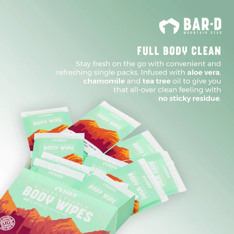 Bar-D Toallitas limpiadoras faciales y corporales para mujeres y hombres, toallitas de ducha biodegradables envueltas individualmente con aceite de árbol de té y aloe vera (20 unidades/caja)