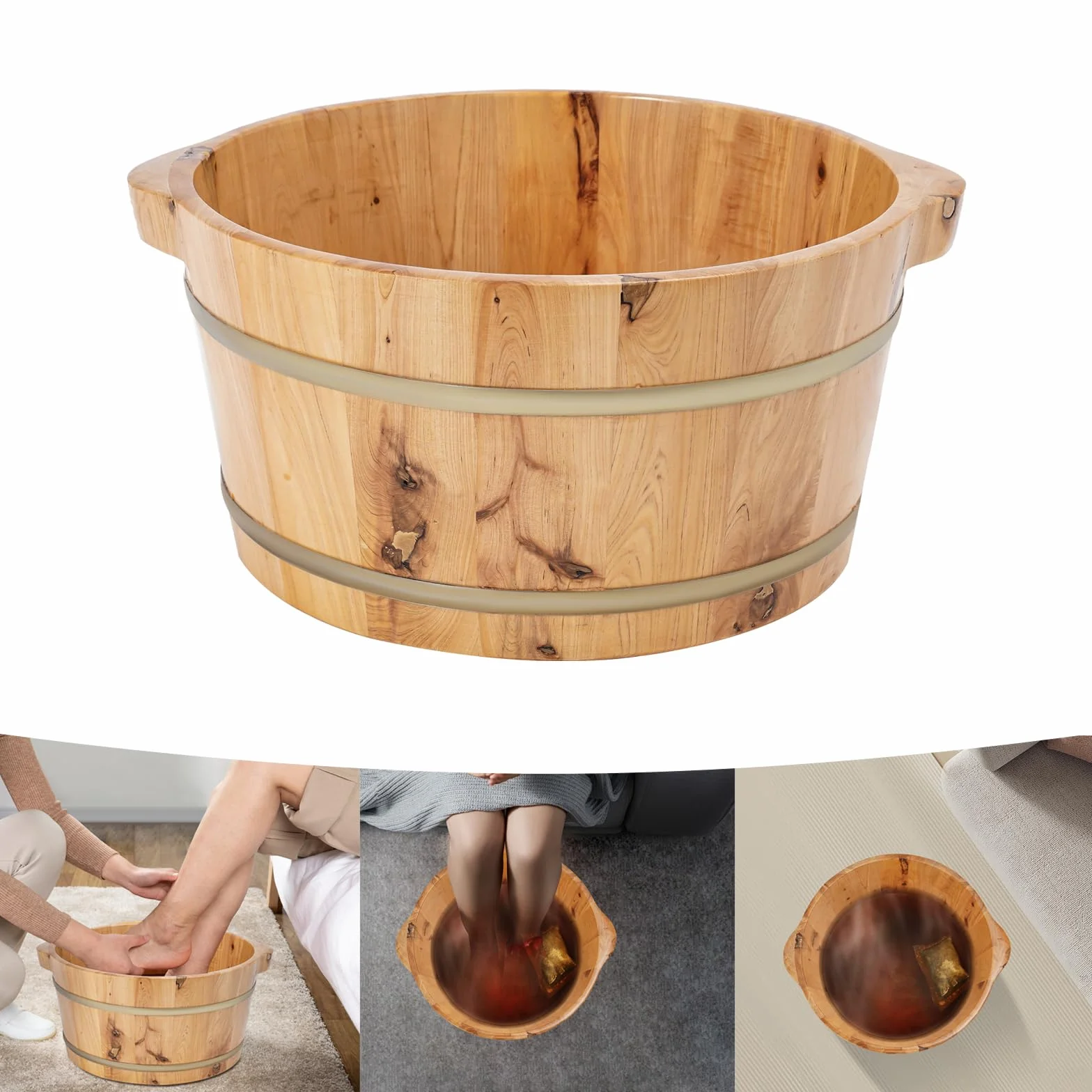 Bañera de pies de madera, cubo redondo para lavar los pies, para familias, baños de pies, sauna y hoteles, 36,5 x 18 cm