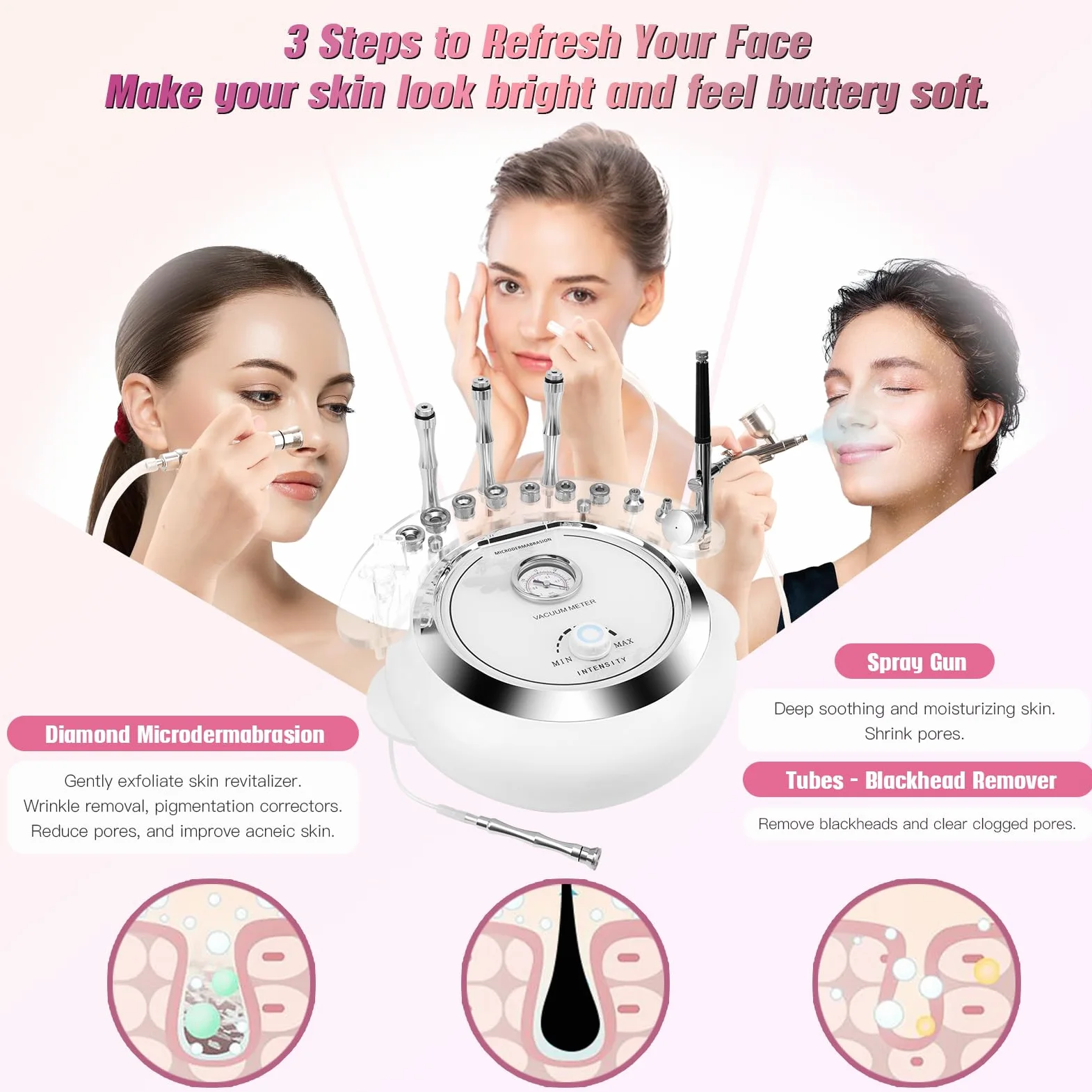 TopDirect - Máquina de diamante 3 en 1, equipo de belleza para el cuidado de la piel facial, dispositivo de belleza con pistola de pulverización (fuerte potencia de succión: 65-68 cmHg)