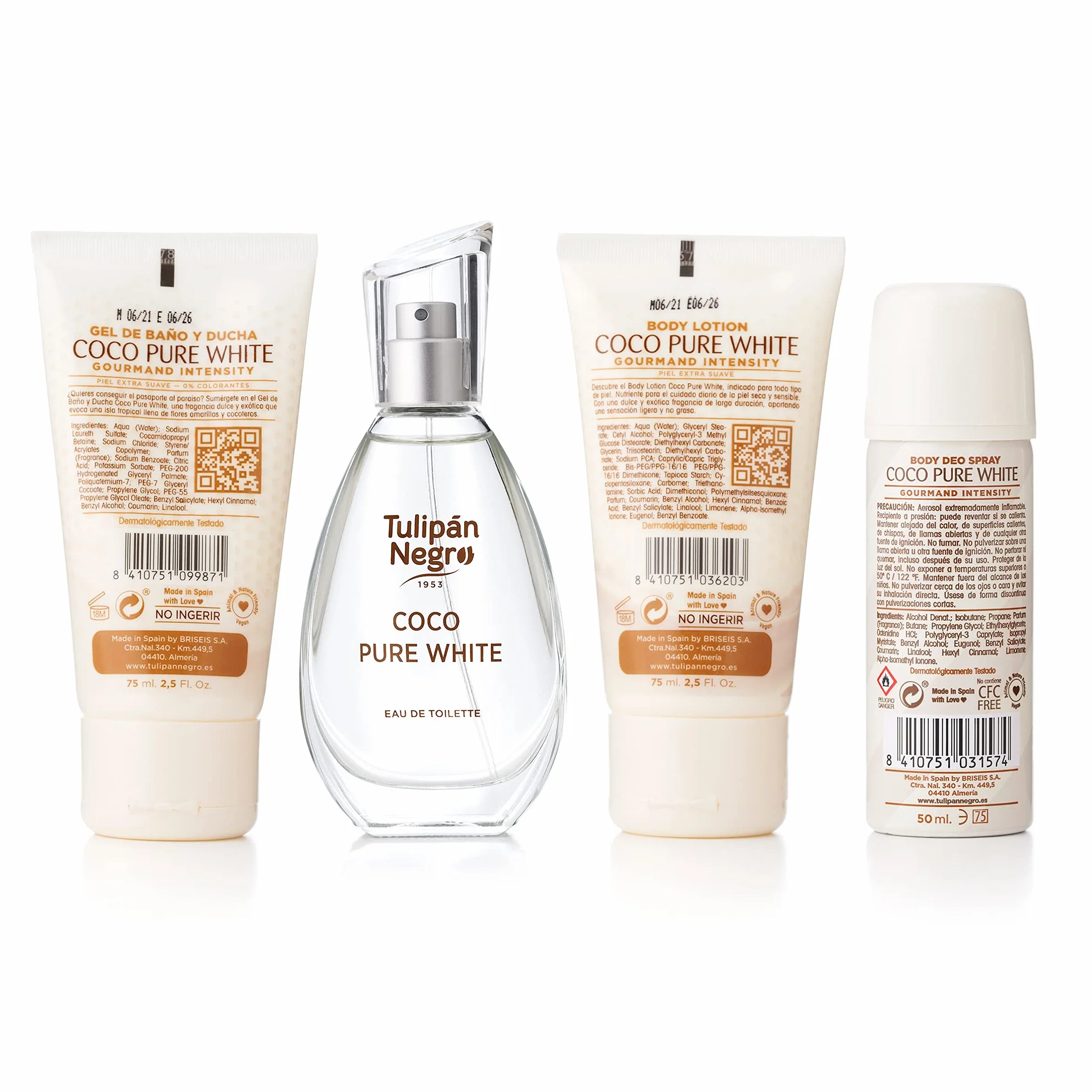Estuche Tulipán Negro Coco Pure White Colonia 50 ml + Loción Corporal 75 ml + Gel de Baño 75 ml + Desodorante Spray 50 ml