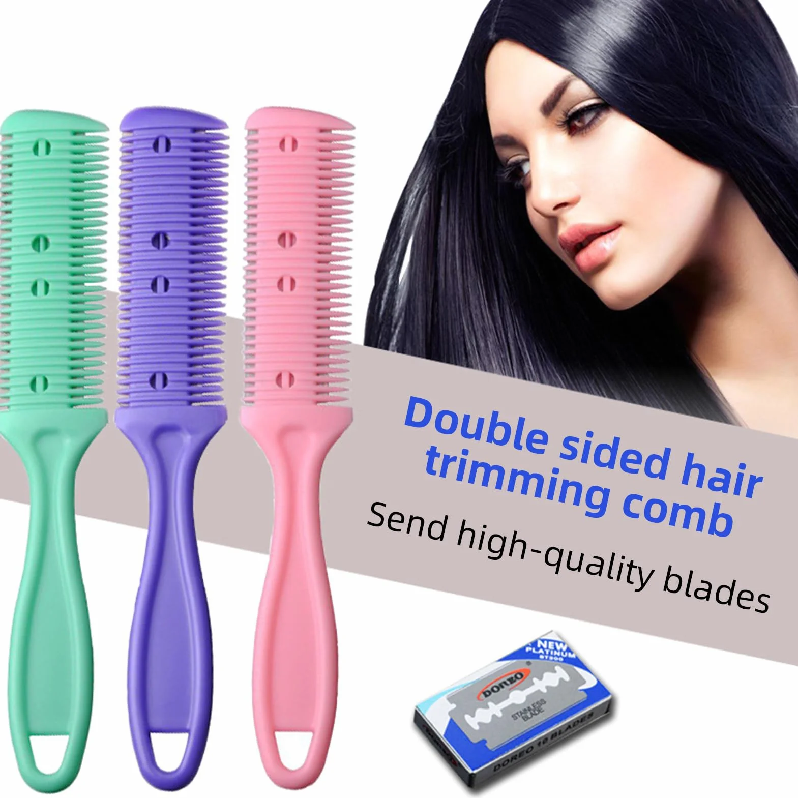 Kit de Peine para Adelgazar el Cabello de 3 Piezas, Cortador de Pelo de Doble Cara con 10 Cuchillas de Acero Inoxidable