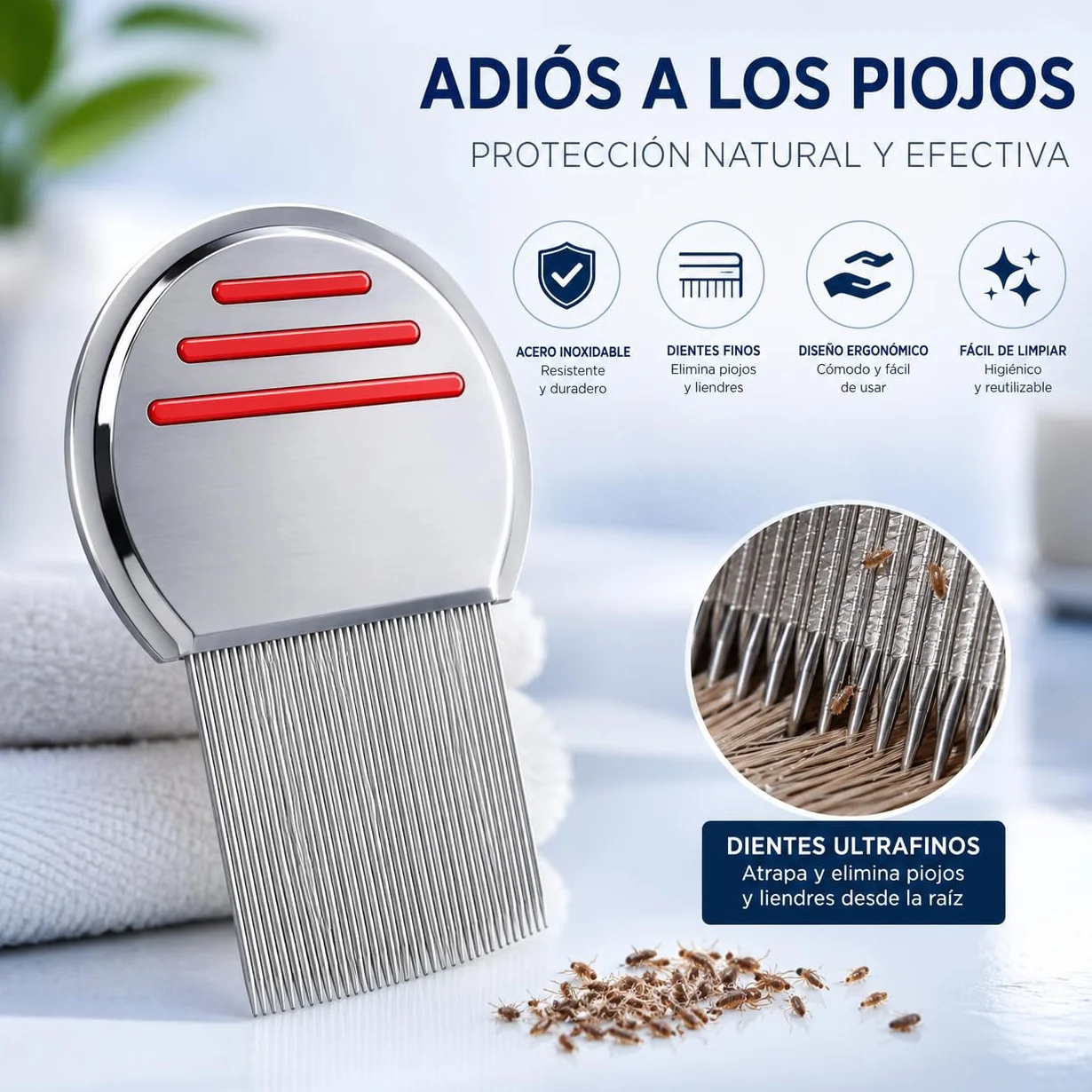 Peine para Piojos de Acero Inoxidable con Dientes Doble Acanalados – Seguro para Niños y Adultos