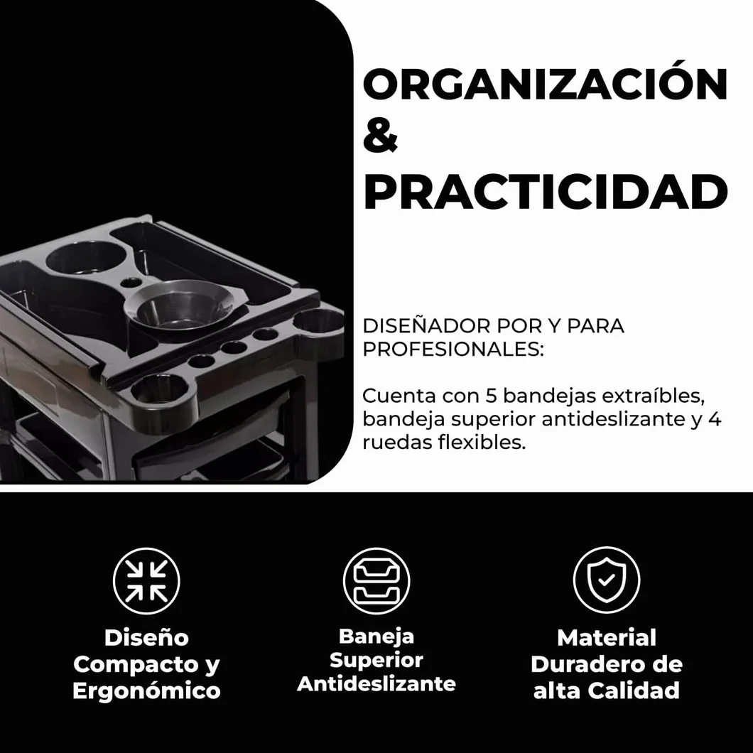 Carro de Peluquería Negro 5 Bandejas Extraíbles 38x26,5x7 cm Bandeja Superior Antideslizante Porta Secadores 4 Ruedas Flexibles