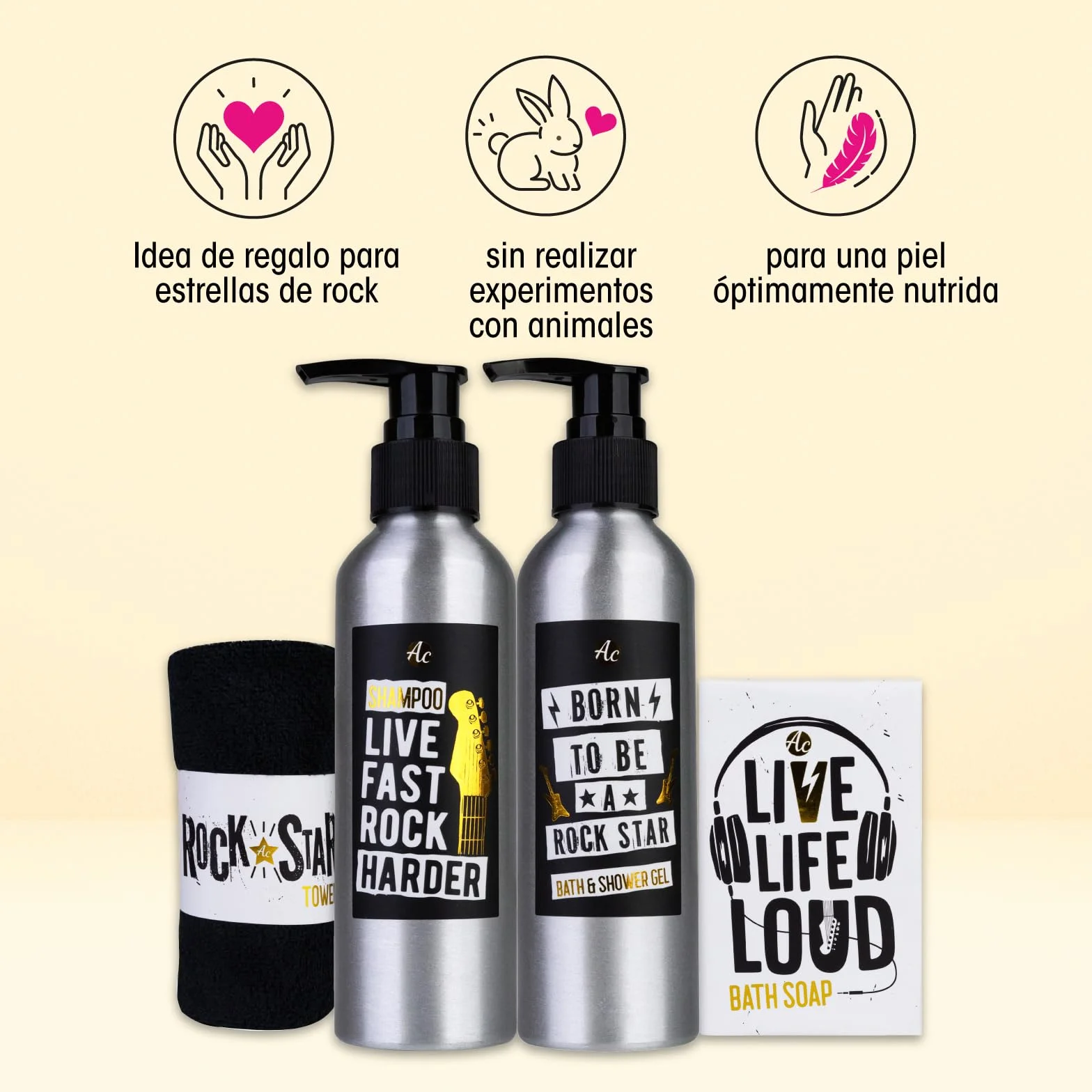 Set de regalo Accentra ROCKSTAR cuidado personal guitarra metálica negra gel ducha champú jabón toalla