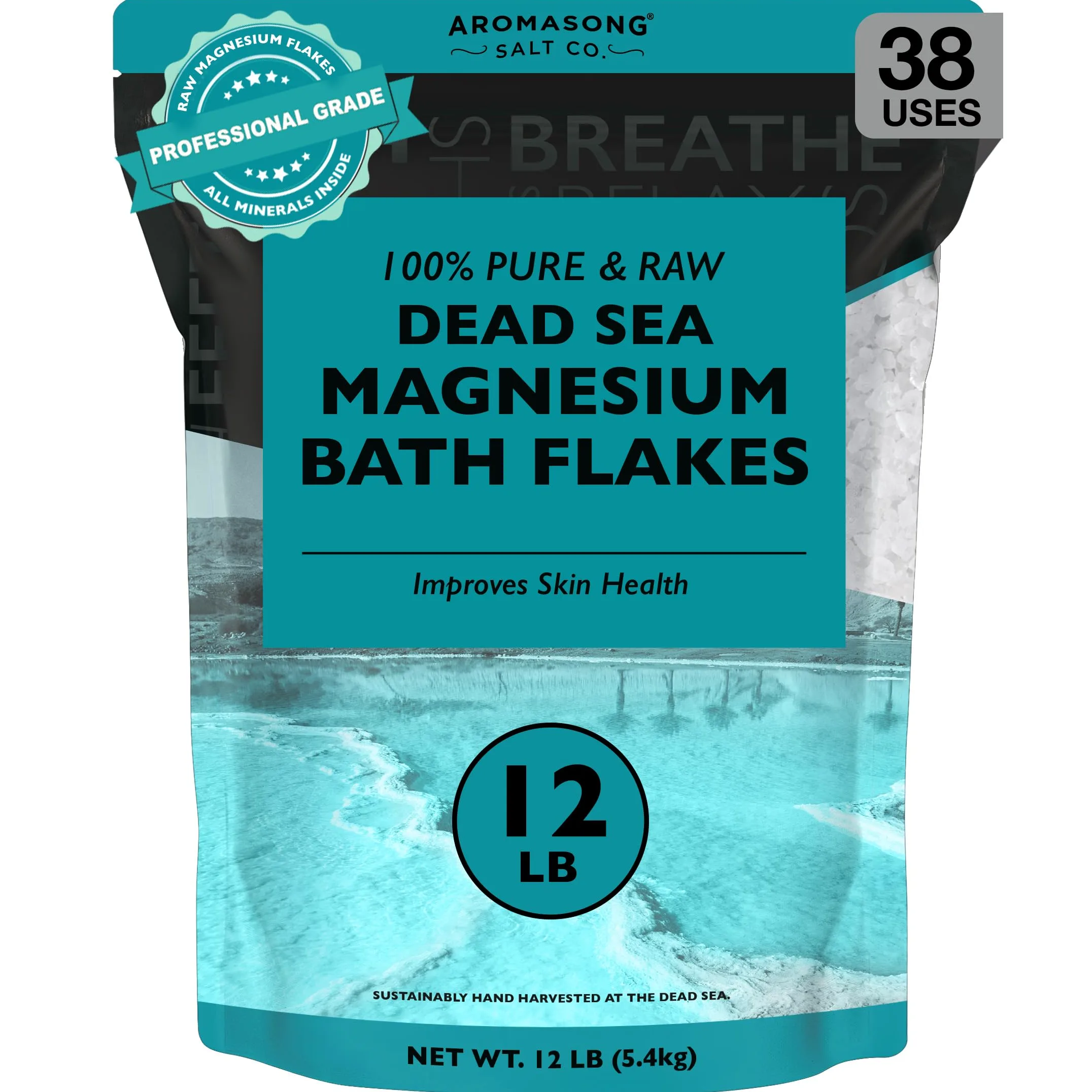 Aromasong Raw Magnesium Flakes from The Dead Sea, 12 LB - Muscle Relaxing Magnesium Chloride Bath Salts Soak for Headaches, Stress & Leg Discomfort