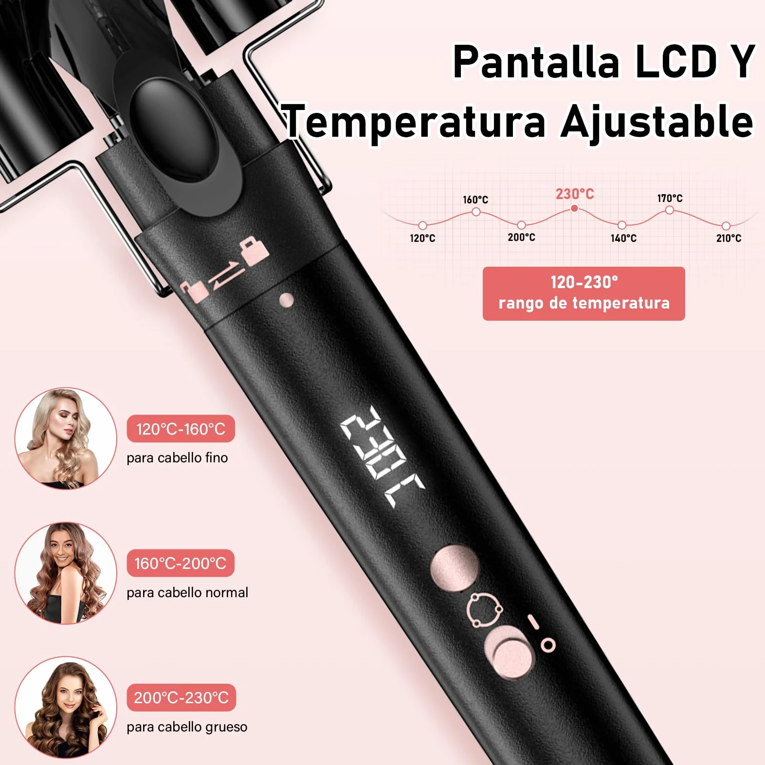 Rizador de Pelo 5 en 1 con 5 Accesorios Intercambiables, Rizador Pelo Ondas, Plancha Ondas de Cerámica, Temperatura Ajustable, Calentamiento Rápido, Rizador Tres Barriles para Rizos y Ondas