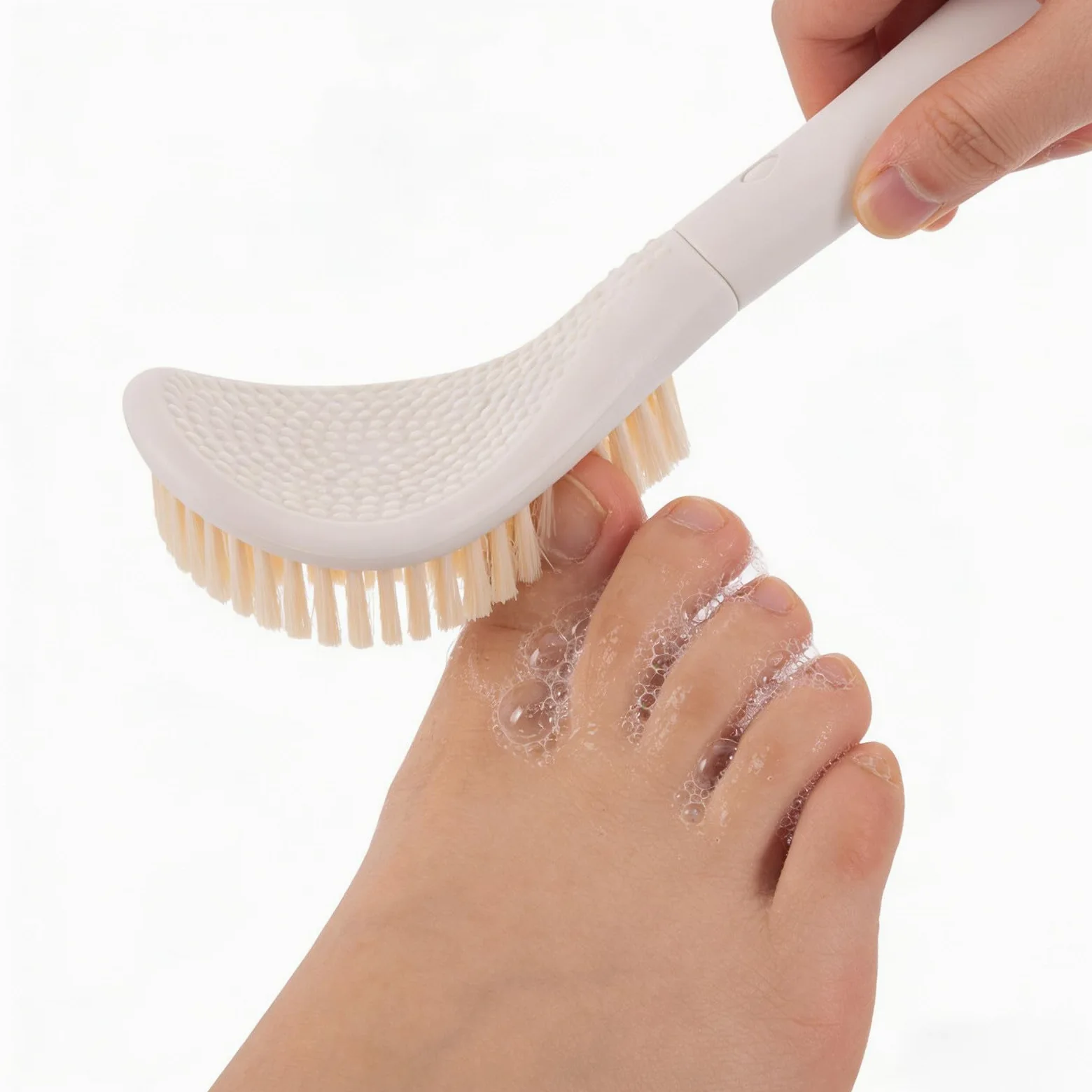 Cepillo Limpiador de Pies de Mango Largo para Ducha y Baño | Doble Cara, Abs y Pa, Color Blanco, Diseño Ergonómico, Limpieza Profunda de Piel Muerta