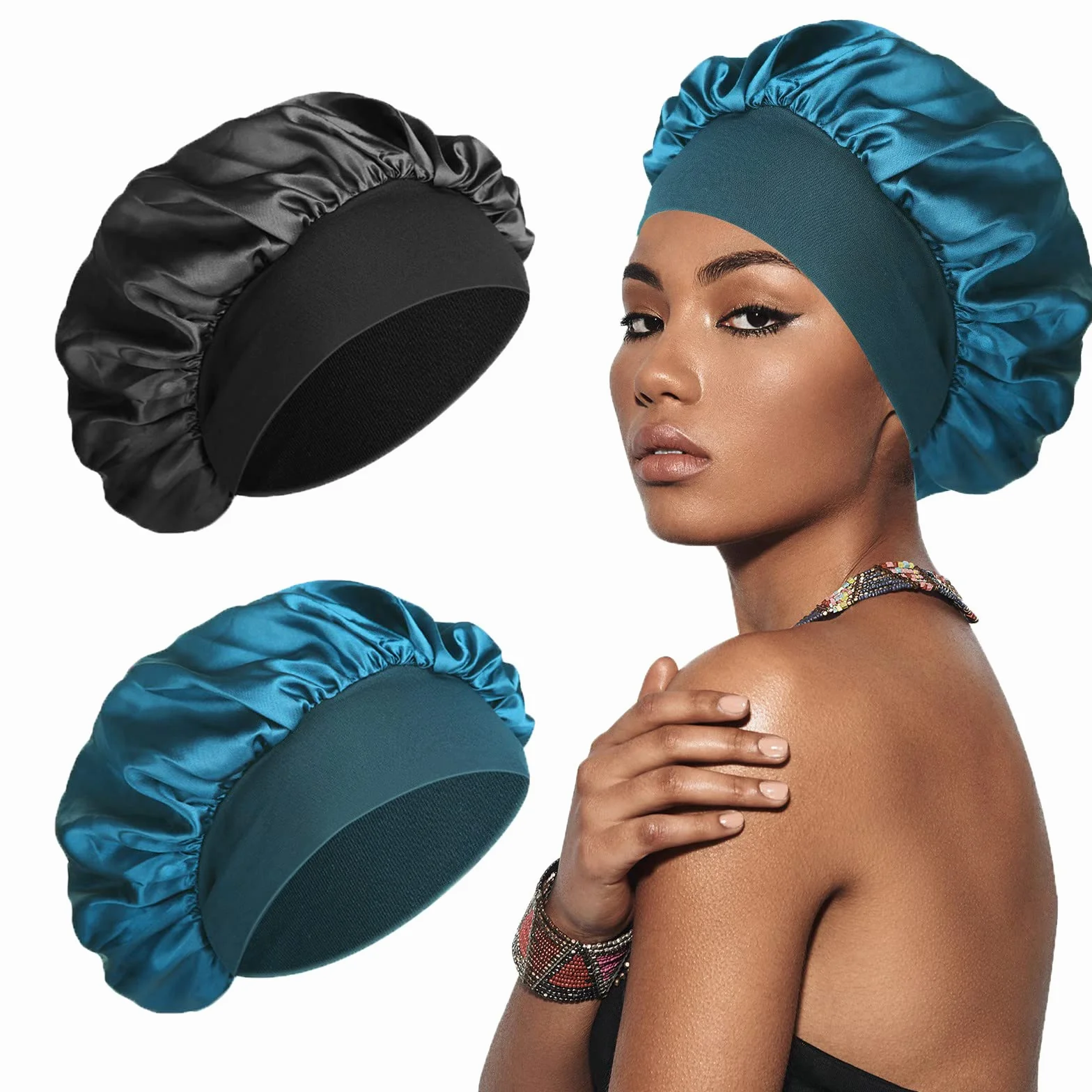 Gorro de Seda Suave y Cómodo para Dormir, Negro, Azul Pavo Real