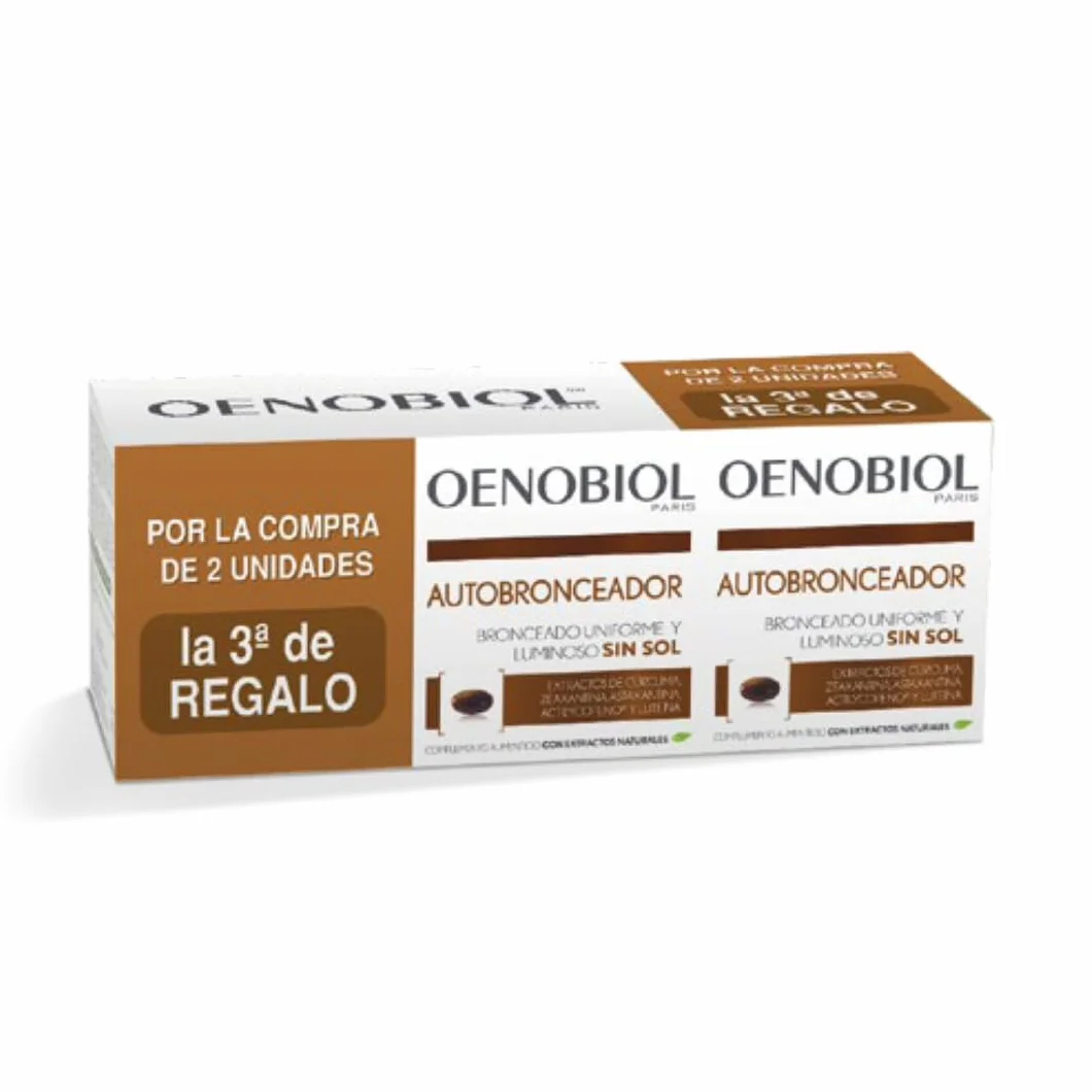 Oenobiol Autobronceador Triplo - Bronceador facial y corporal sin sol - Complemento alimenticio con cúrcuma, licopeno y luteína - 90 cápsulas