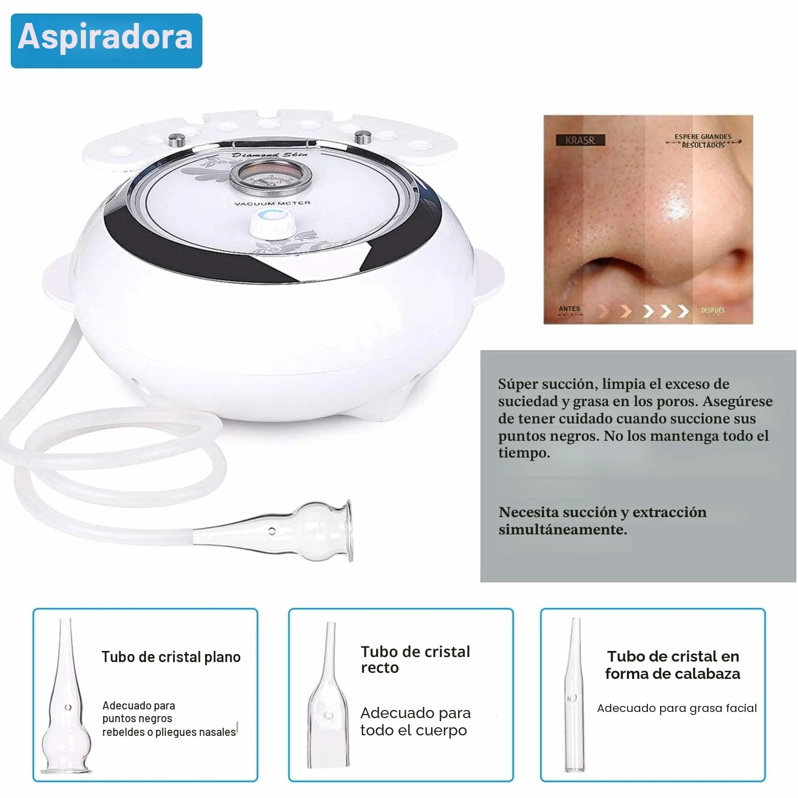 TwoWin 3 en 1 Microdermoabrasión Diamante Equipo Salón Belleza Facial 65-68 cmHg