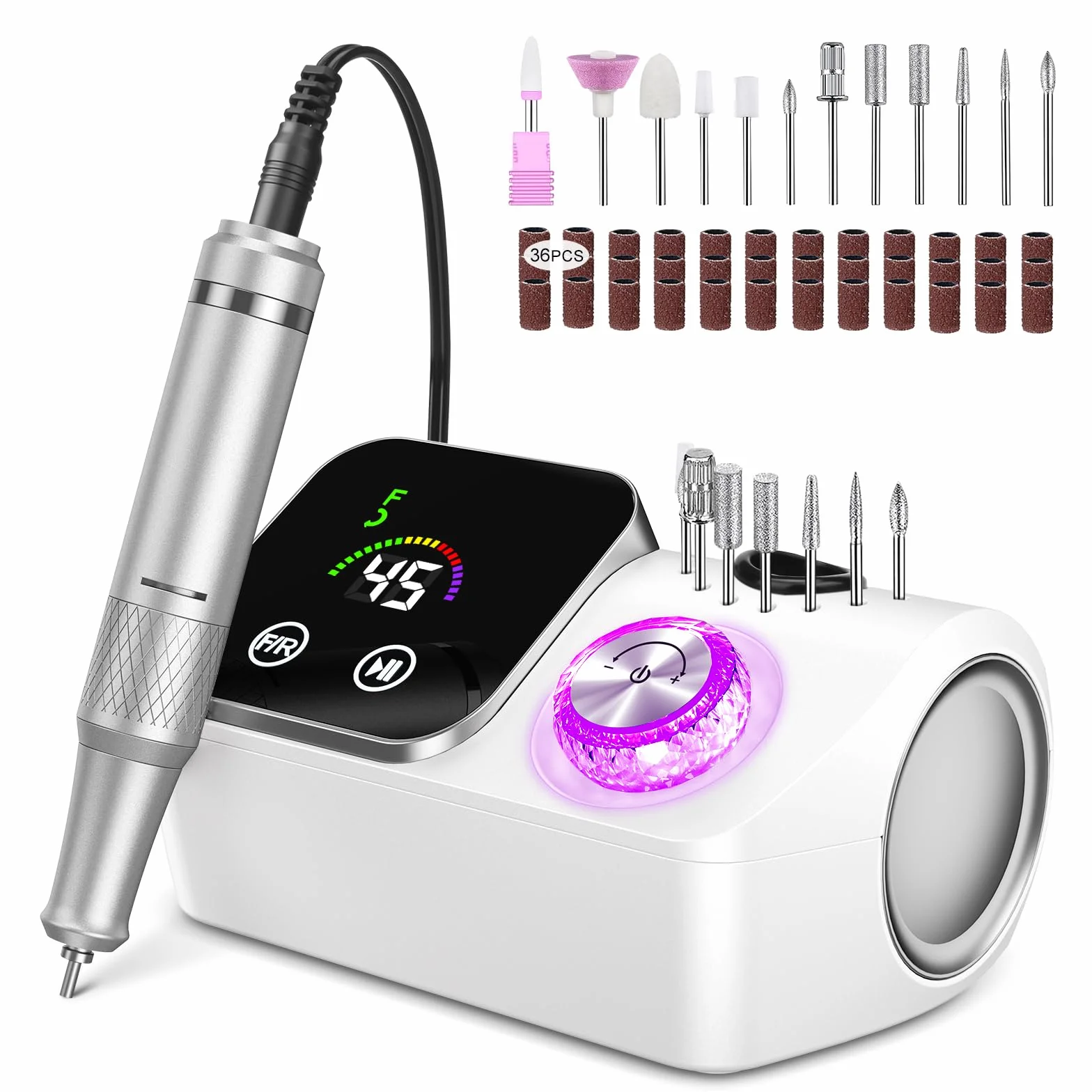 Torno para Uñas,Torno para Uñas Profesional 45000 RPM,con 12 Cabezales de Pulido, Pantalla táctil LCD,Perilla de cristal,Lima portátil para uñas acrílicas y de gel (Blanco)